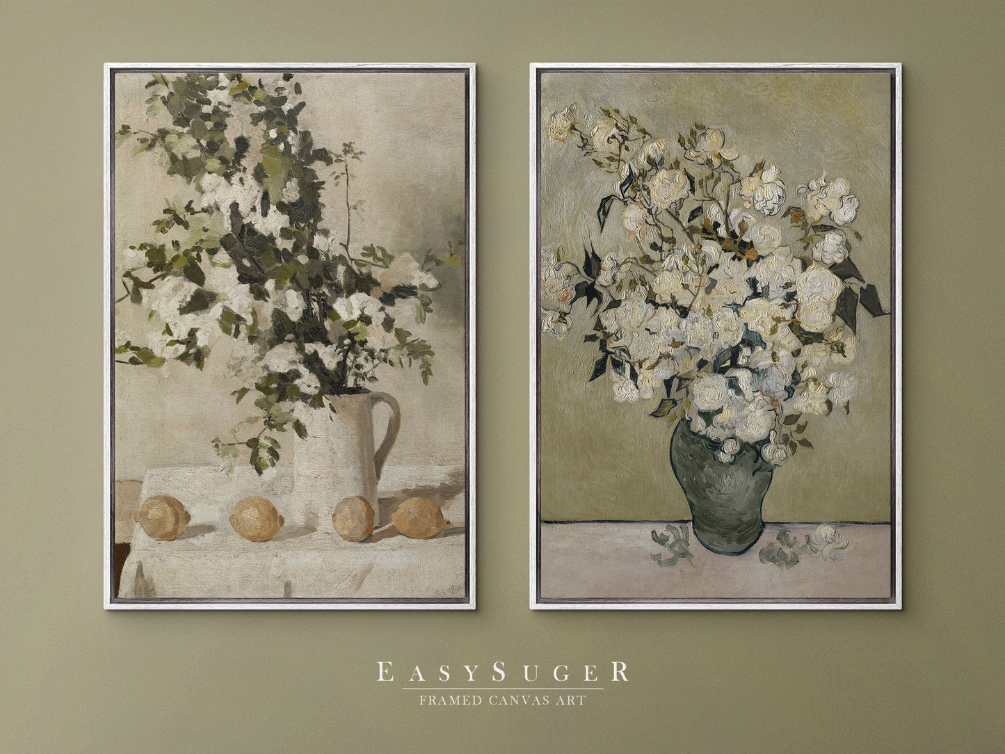 EasySuger 2 Panels Flower Vase Wall Art, Vintage Nature Framed Still Life Antique Art Ready to Hang