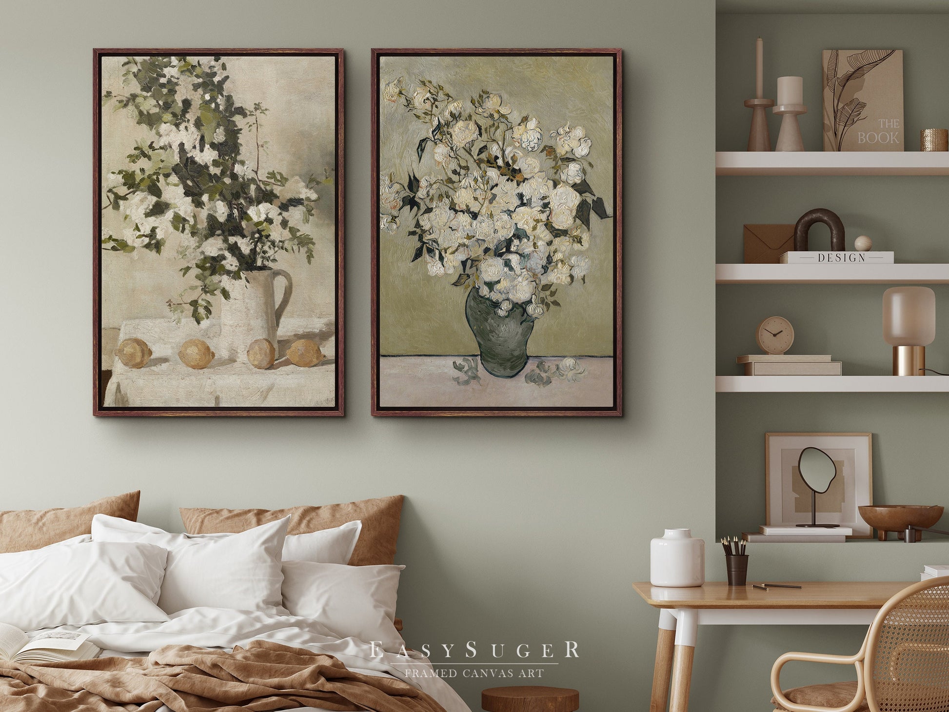 EasySuger 2 Panels Flower Vase Wall Art, Vintage Nature Framed Still Life Antique Art Ready to Hang