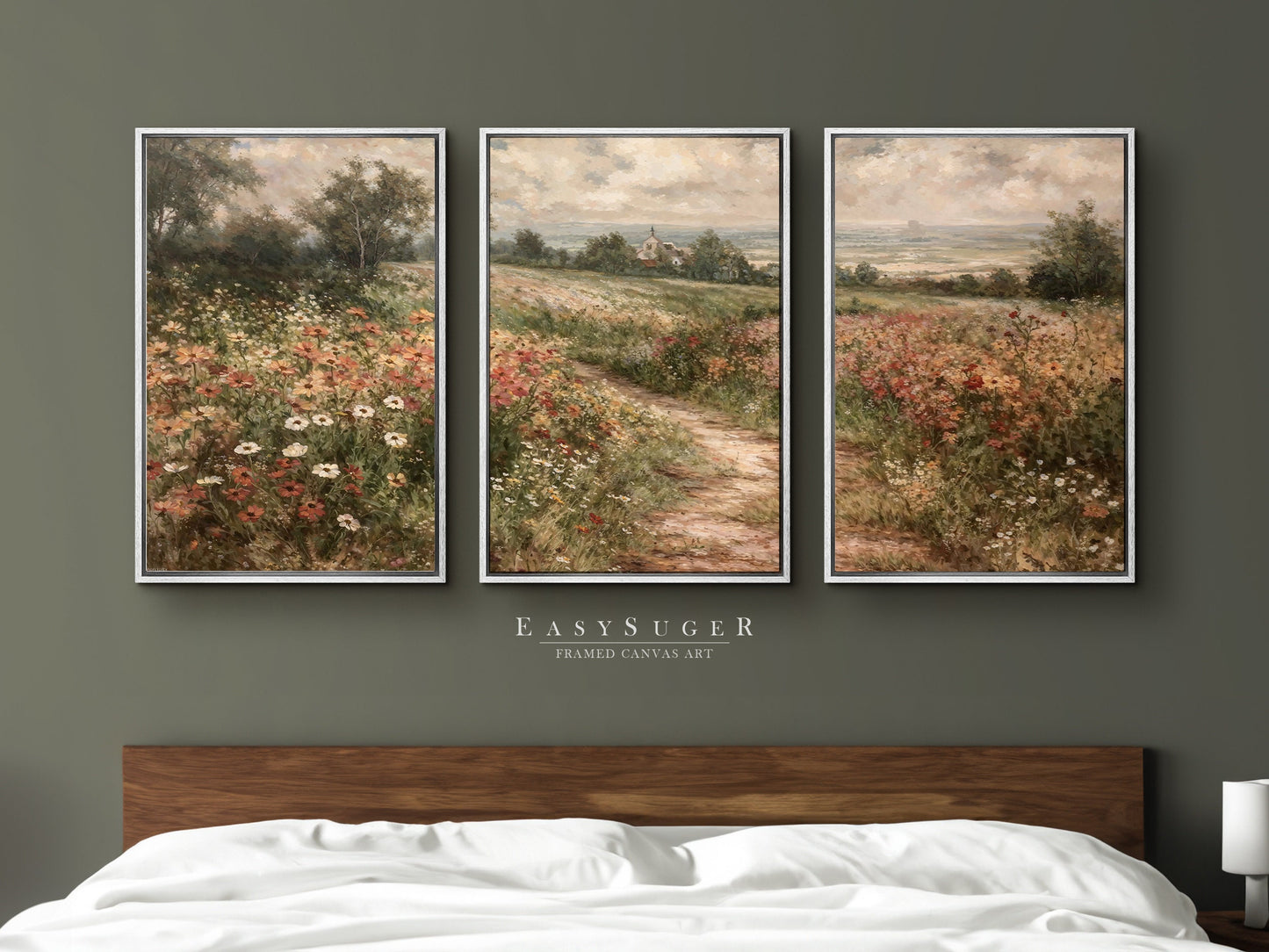 EasySuger 3 Panels Flowerfield Landscape Wall Art, Vintage Natural Rustic Framed Large Gallery Art, Antique Art Ready to Hang | 3PG