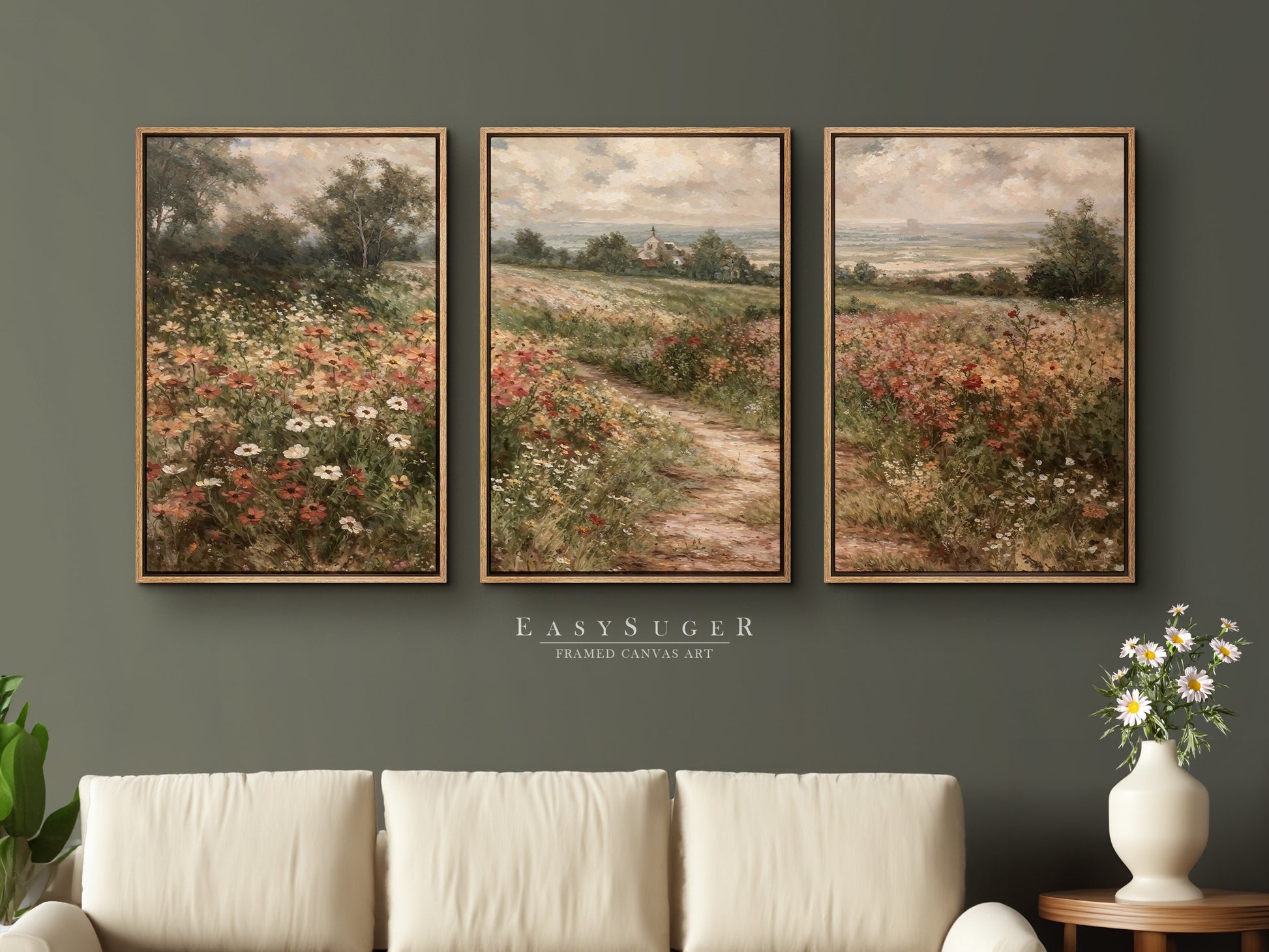 EasySuger 3 Panels Flowerfield Landscape Wall Art, Vintage Natural Rustic Framed Large Gallery Art, Antique Art Ready to Hang | 3PG