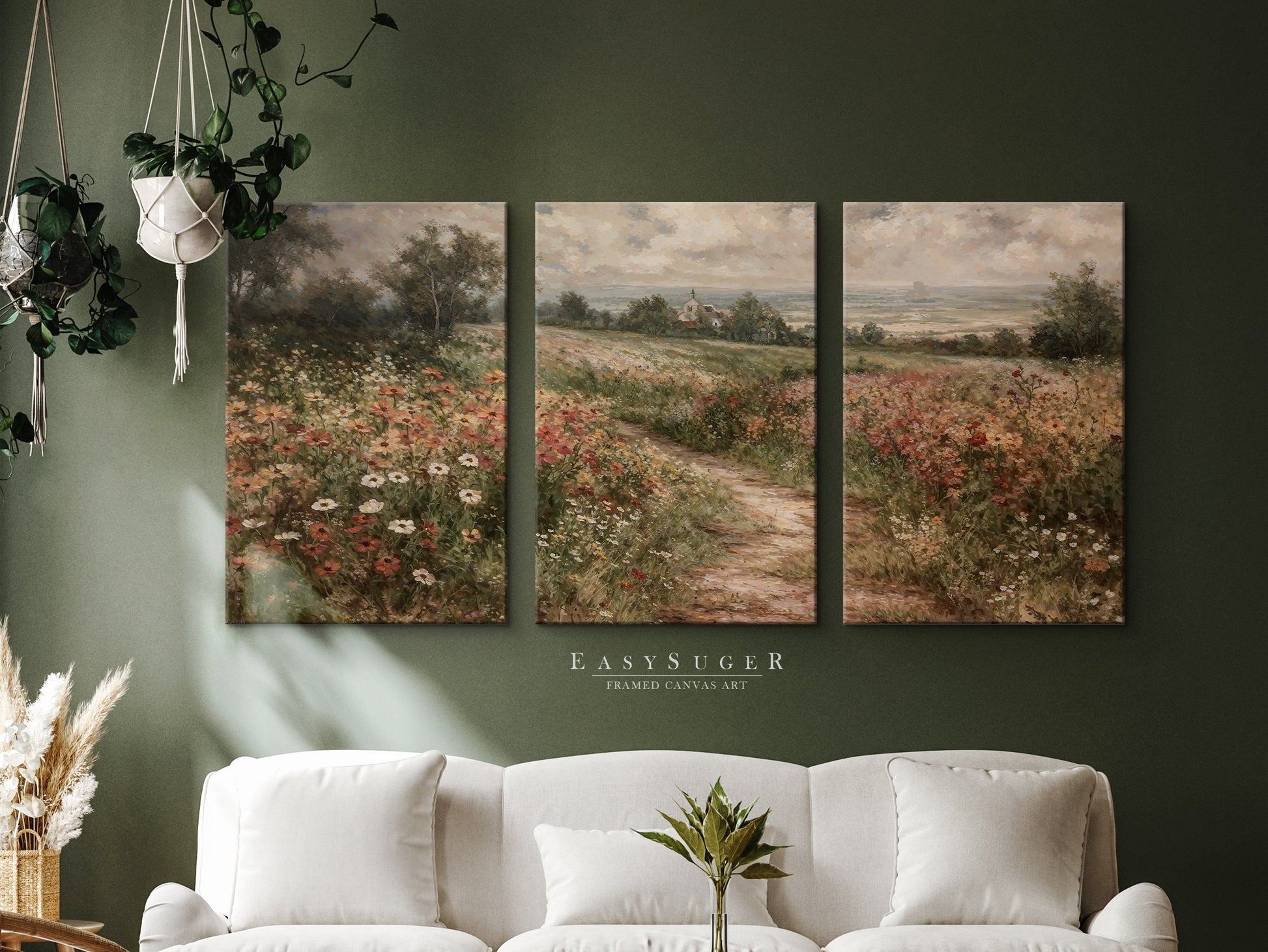 EasySuger 3 Panels Flowerfield Landscape Wall Art, Vintage Natural Rustic Framed Large Gallery Art, Antique Art Ready to Hang | 3PG