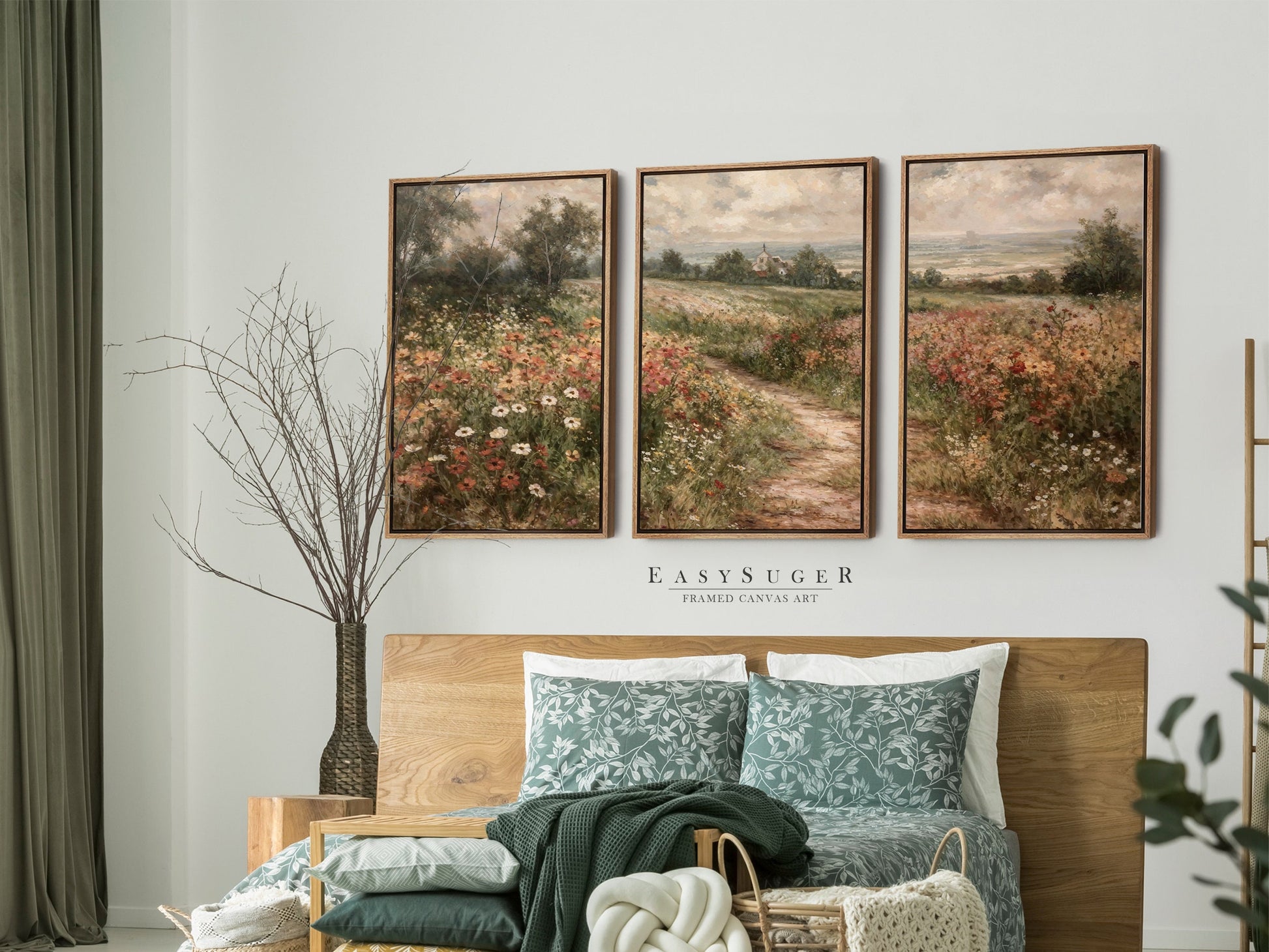 EasySuger 3 Panels Flowerfield Landscape Wall Art, Vintage Natural Rustic Framed Large Gallery Art, Antique Art Ready to Hang | 3PG