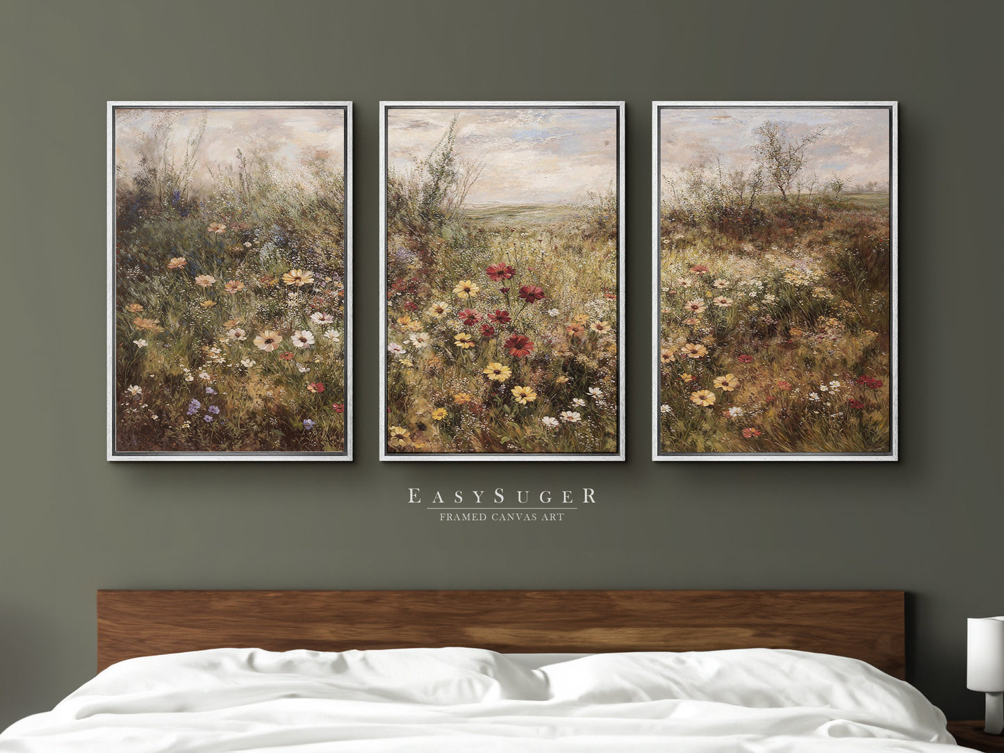 EasySuger 3 Panels Flowers Garden Wall Art, Vintage Nature Framed Large Gallery Art, Antique Art Ready to Hang