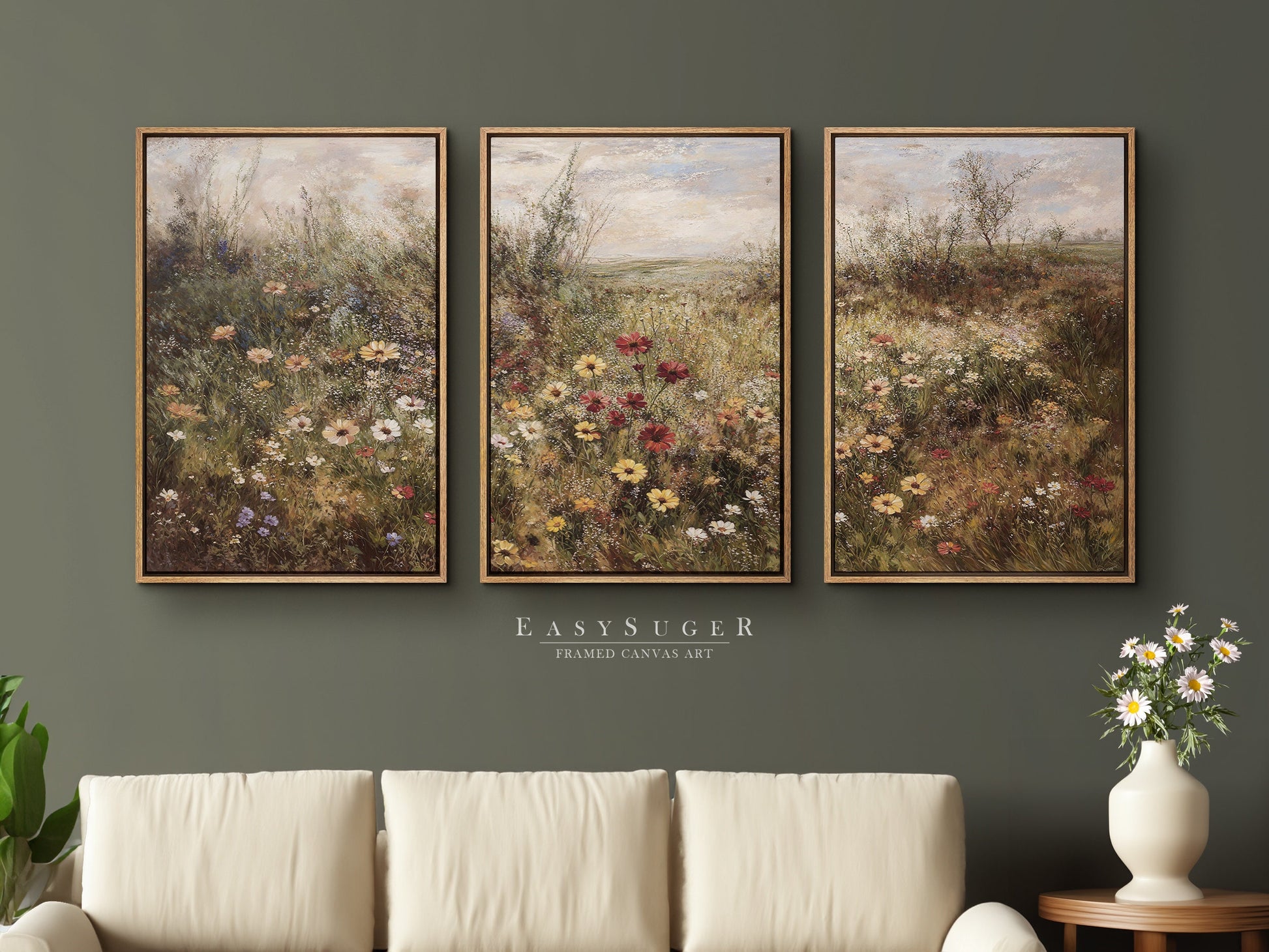 EasySuger 3 Panels Flowers Garden Wall Art, Vintage Nature Framed Large Gallery Art, Antique Art Ready to Hang