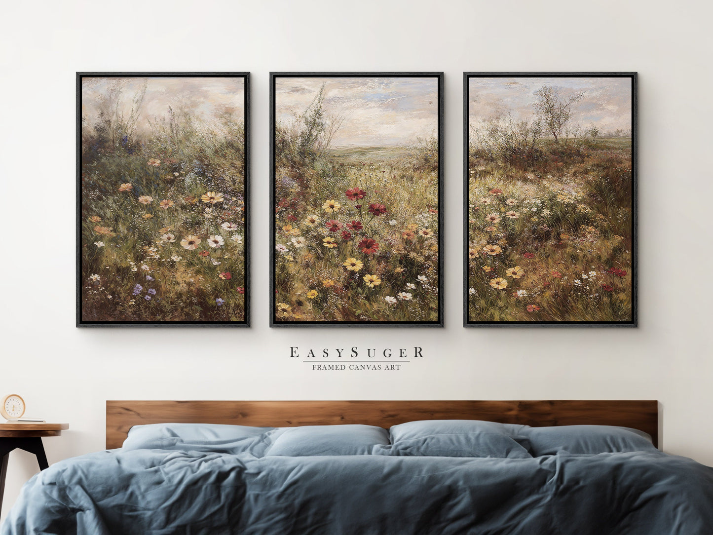 EasySuger 3 Panels Flowers Garden Wall Art, Vintage Nature Framed Large Gallery Art, Antique Art Ready to Hang