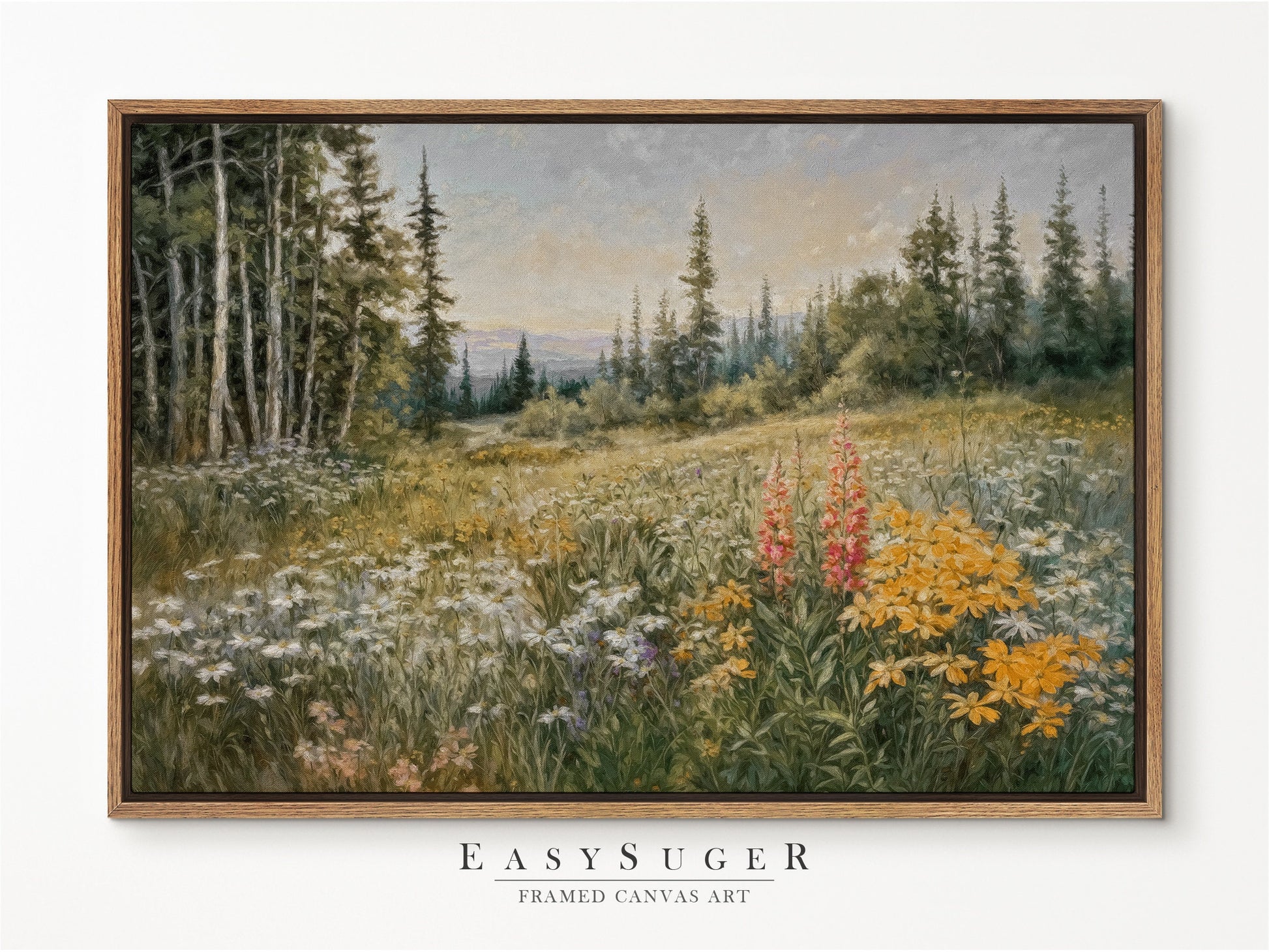 EasySuger Wildflower Field Wall Art Print, Nature Framed Large Gallery Art, Minimalist Art with hanging kit