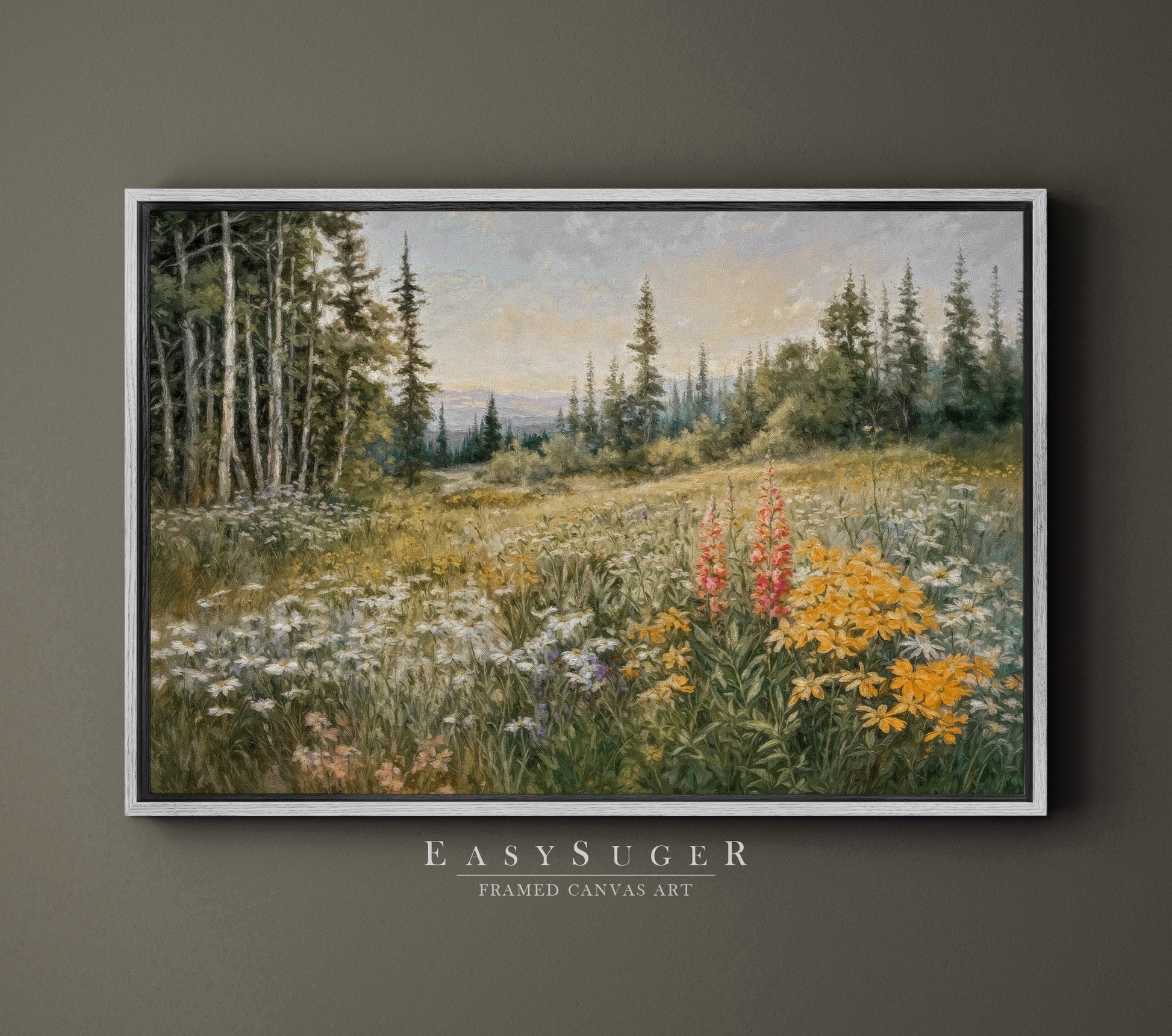 EasySuger Wildflower Field Wall Art Print, Nature Framed Large Gallery Art, Minimalist Art with hanging kit