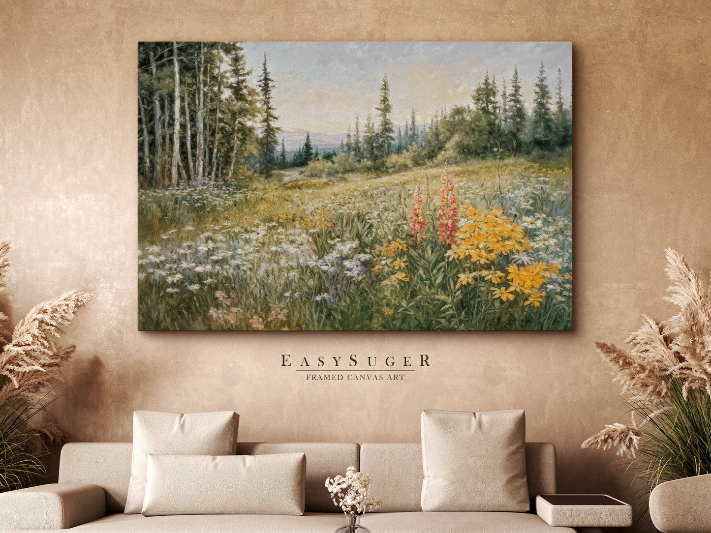 EasySuger Wildflower Field Wall Art Print, Nature Framed Large Gallery Art, Minimalist Art with hanging kit