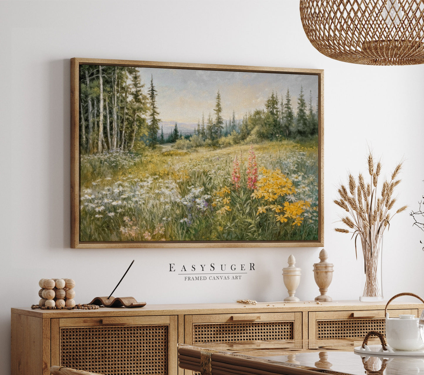 EasySuger Wildflower Field Wall Art Print, Nature Framed Large Gallery Art, Minimalist Art with hanging kit