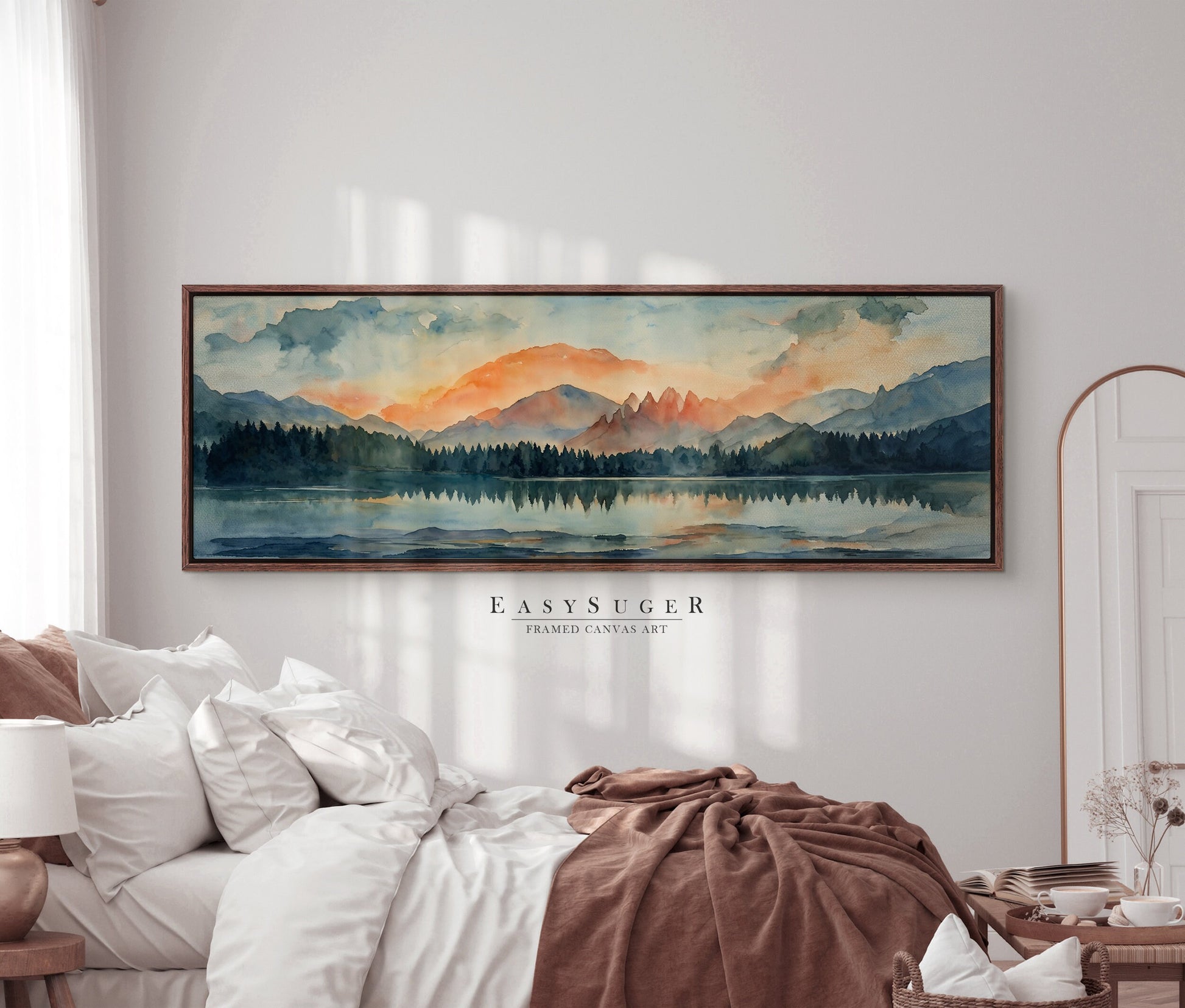 EasySuger Ultra Wide Watercolor Lake and Mountain Landscape Painting Framed Canvas Print | with hanging kit