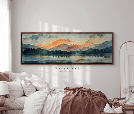 EasySuger Ultra Wide Watercolor Lake and Mountain Landscape Painting Framed Canvas Print | with hanging kit