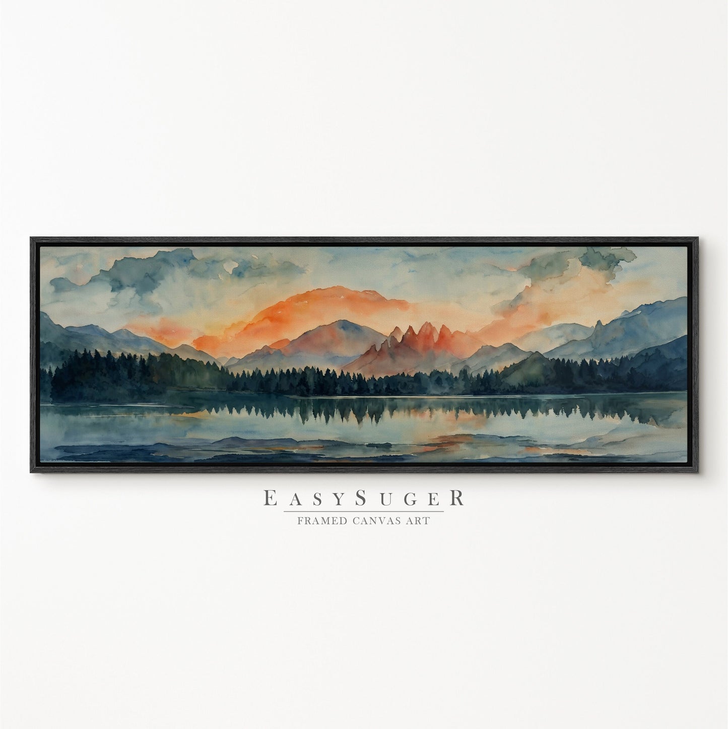 EasySuger Ultra Wide Watercolor Lake and Mountain Landscape Painting Framed Canvas Print | with hanging kit