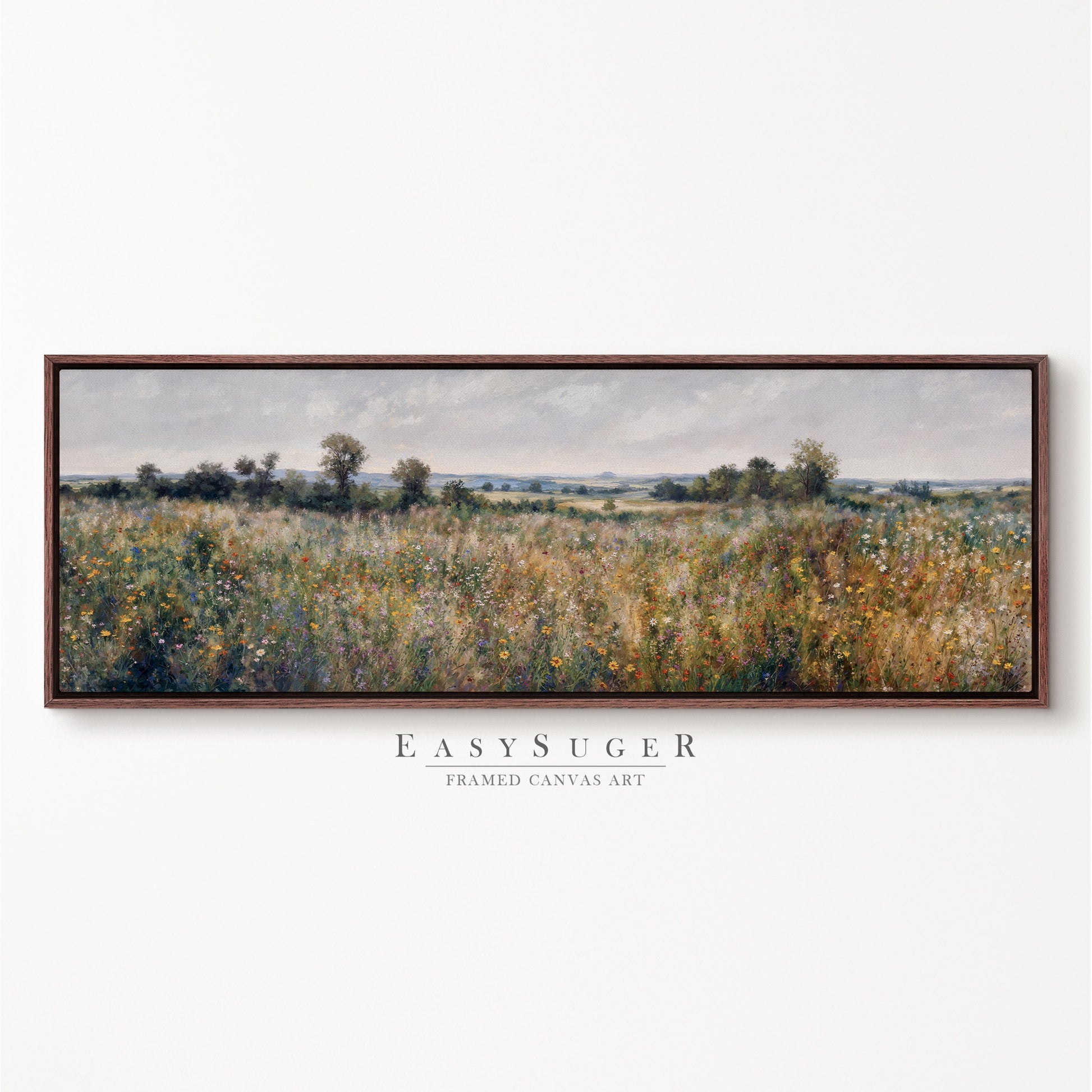 EasySuger Ultra Wide Vintage Wlidflower field Framed Canvas Print | with hanging kit | UWF32