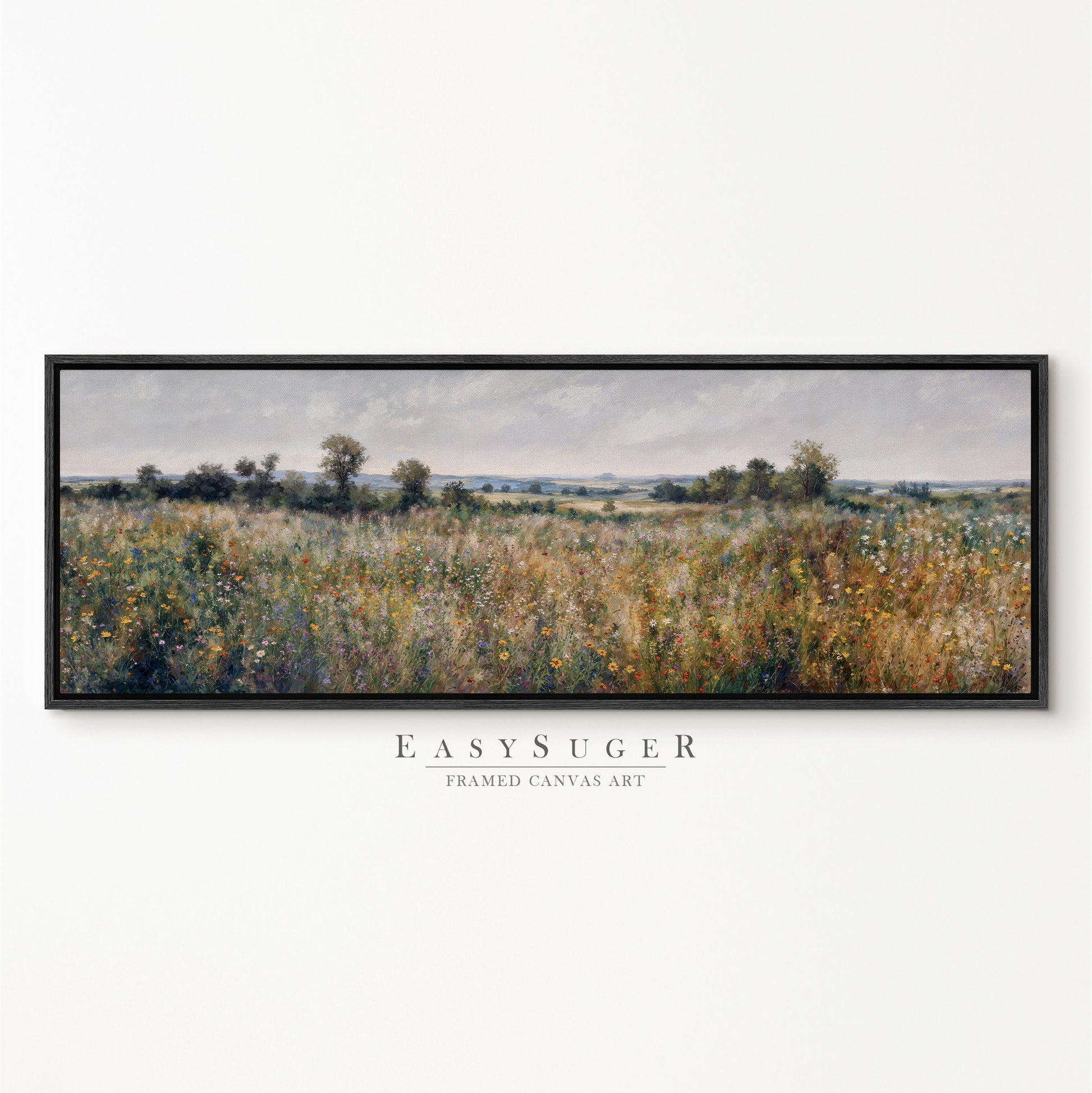 EasySuger Ultra Wide Vintage Wlidflower field Framed Canvas Print | with hanging kit | UWF32