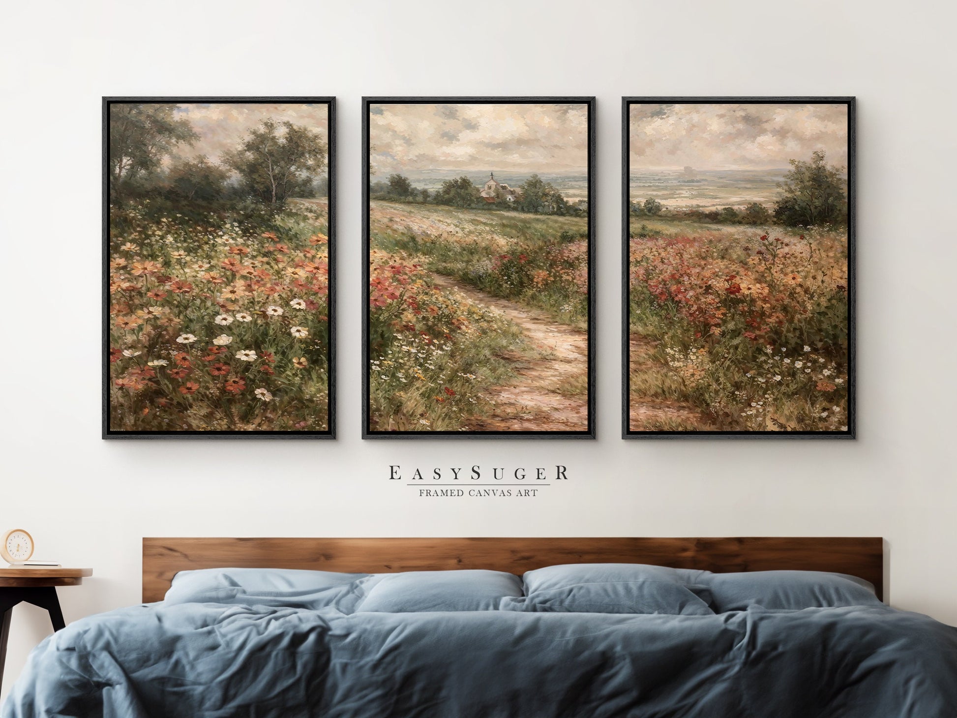 EasySuger 3 Panels Flowerfield Landscape Wall Art, Vintage Natural Rustic Framed Large Gallery Art, Antique Art Ready to Hang | 3PG