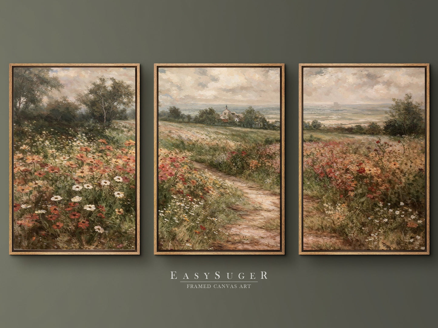 EasySuger 3 Panels Flowerfield Landscape Wall Art, Vintage Natural Rustic Framed Large Gallery Art, Antique Art Ready to Hang | 3PG