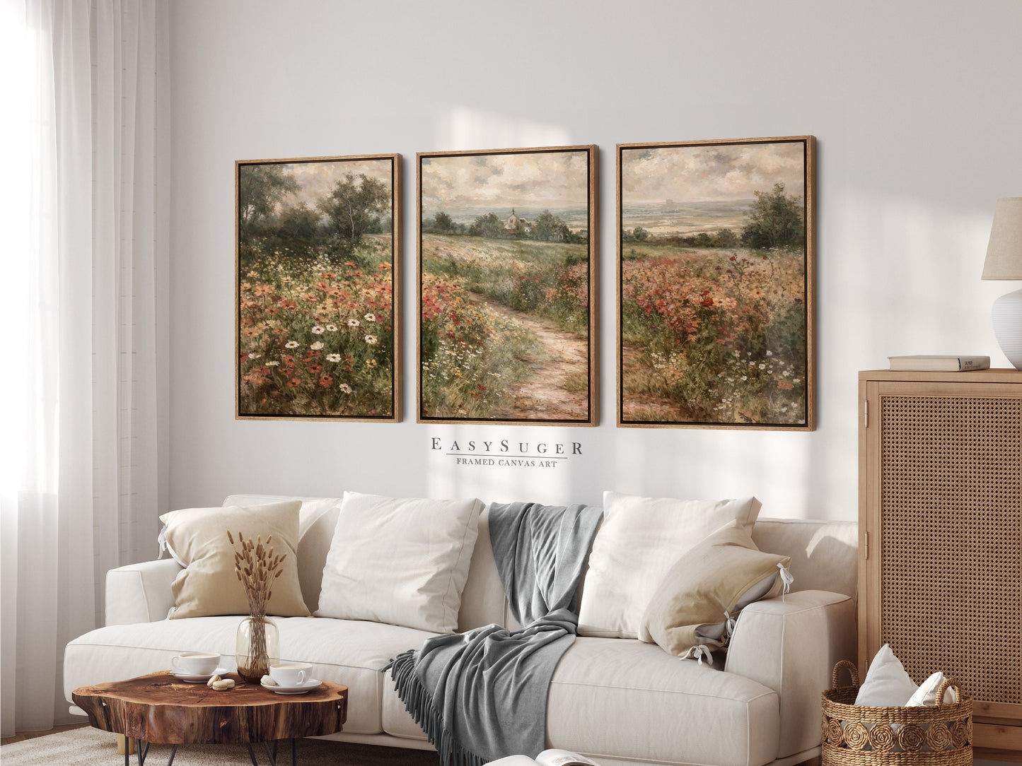 EasySuger 3 Panels Flowerfield Landscape Wall Art, Vintage Natural Rustic Framed Large Gallery Art, Antique Art Ready to Hang | 3PG