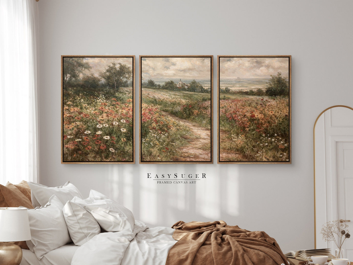 EasySuger 3 Panels Flowerfield Landscape Wall Art, Vintage Natural Rustic Framed Large Gallery Art, Antique Art Ready to Hang | 3PG