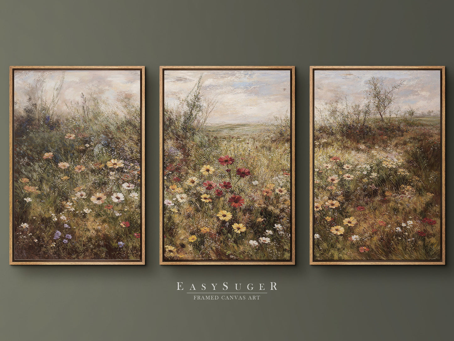 EasySuger 3 Panels Flowers Garden Wall Art, Vintage Nature Framed Large Gallery Art, Antique Art Ready to Hang