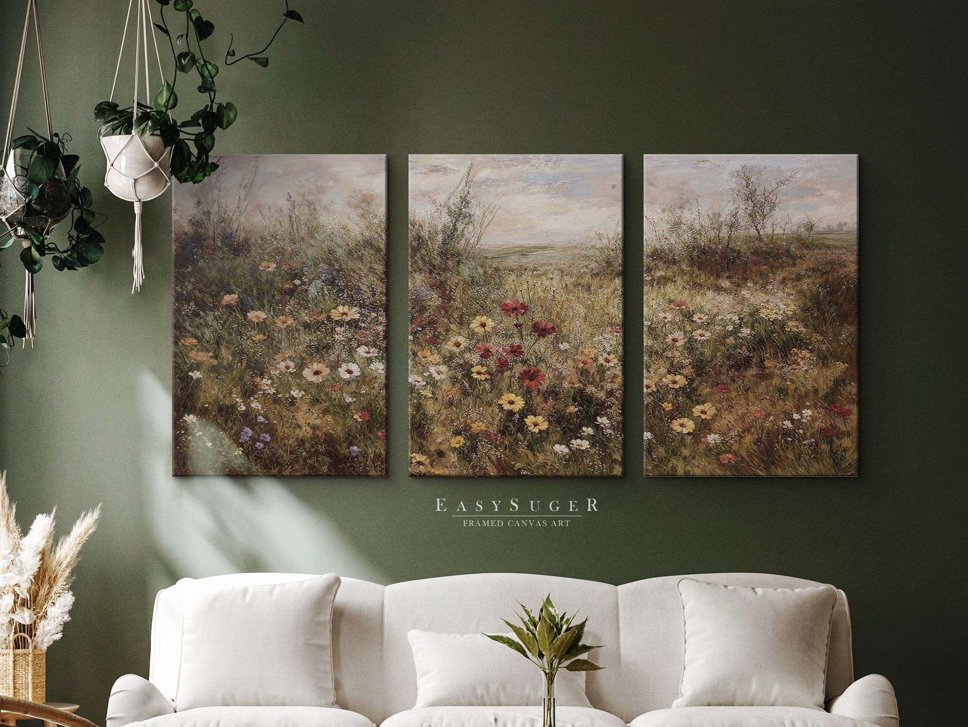 EasySuger 3 Panels Flowers Garden Wall Art, Vintage Nature Framed Large Gallery Art, Antique Art Ready to Hang