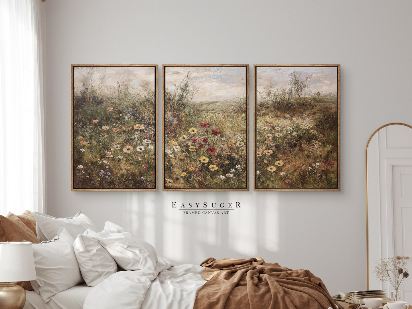 EasySuger 3 Panels Flowers Garden Wall Art, Vintage Nature Framed Large Gallery Art, Antique Art Ready to Hang