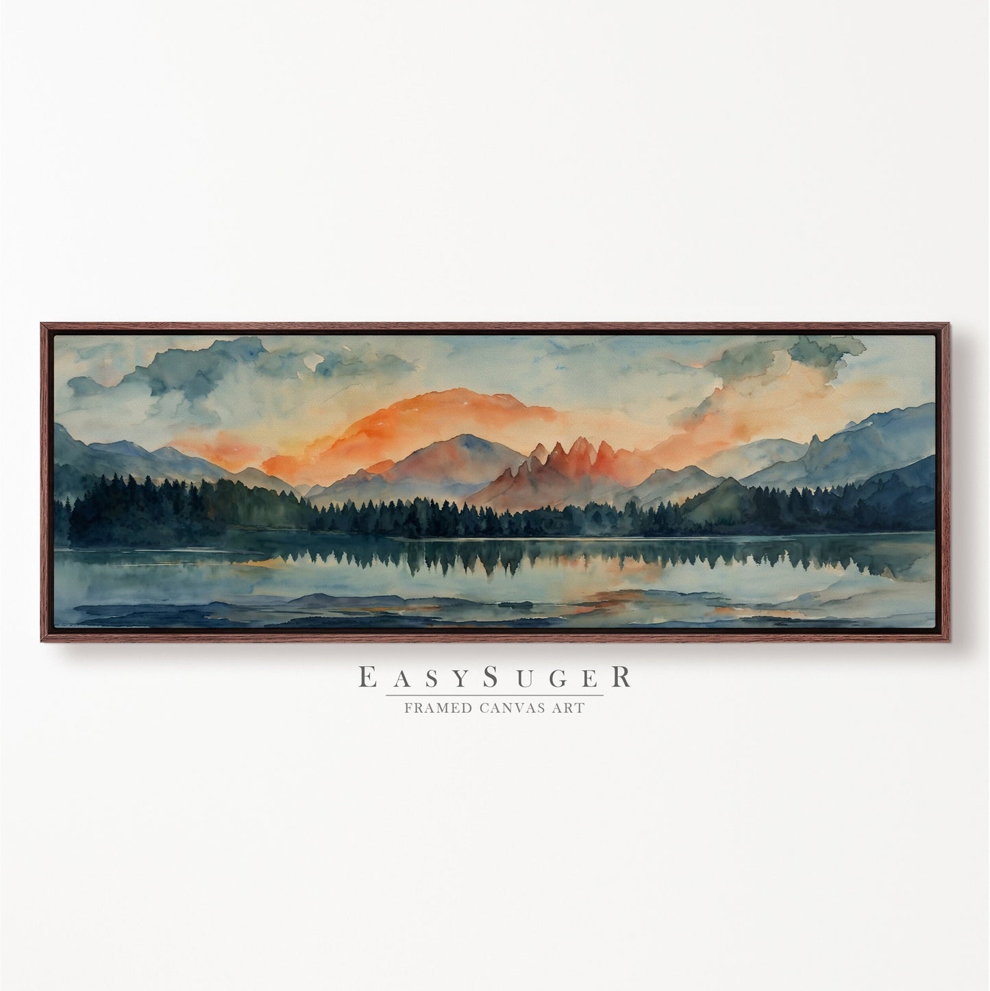 EasySuger Ultra Wide Watercolor Lake and Mountain Landscape Painting Framed Canvas Print | with hanging kit