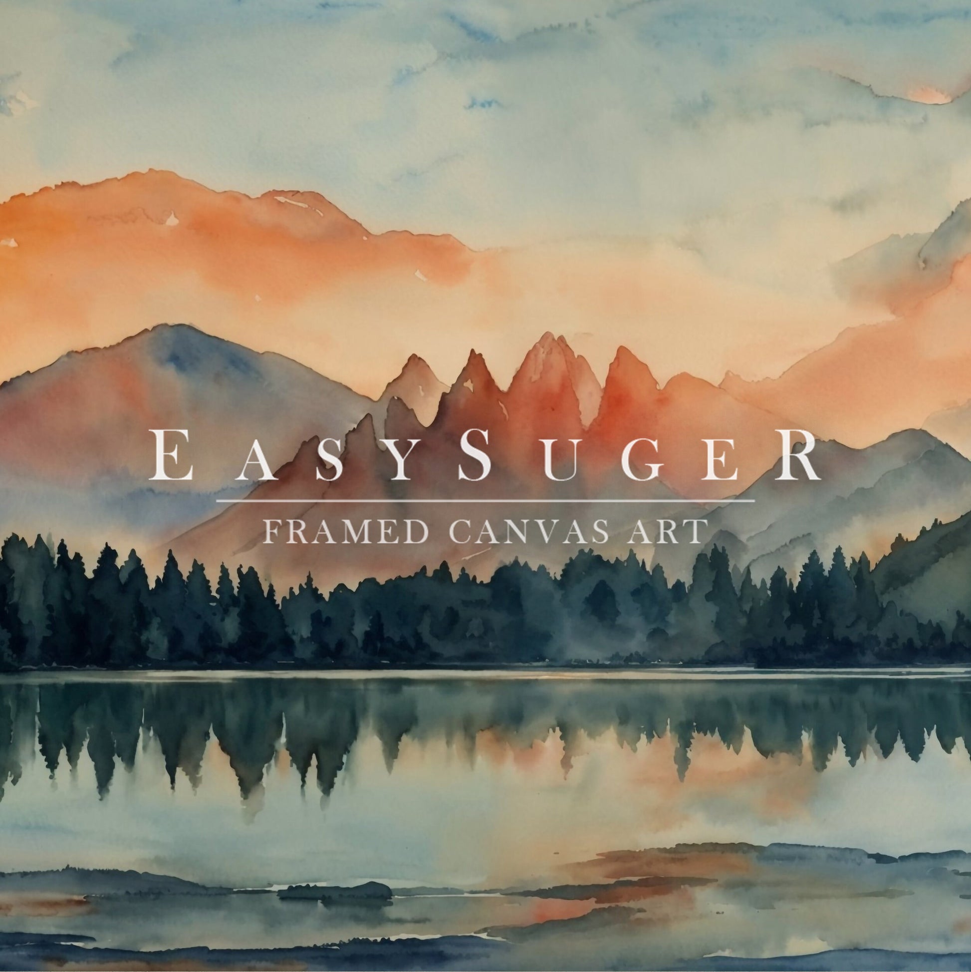 EasySuger Ultra Wide Watercolor Lake and Mountain Landscape Painting Framed Canvas Print | with hanging kit