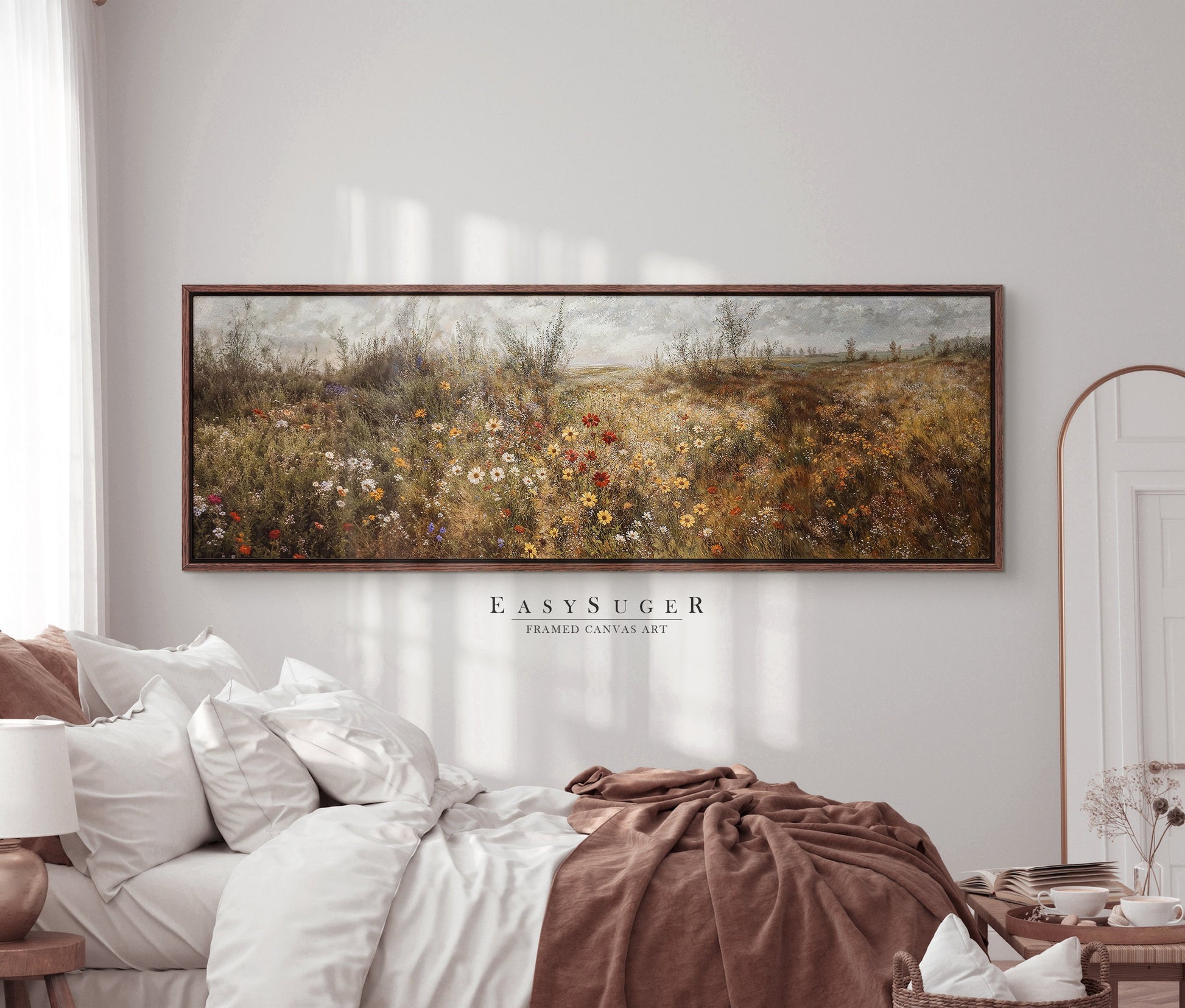 EasySuger Ultra Wide Vintage Wlidflower field Framed Canvas Print | with hanging kit