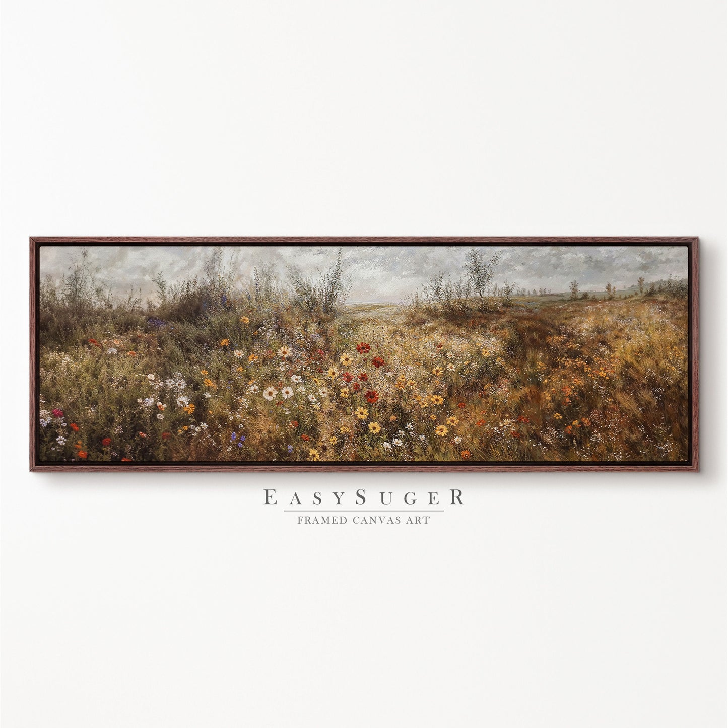 EasySuger Ultra Wide Vintage Wlidflower field Framed Canvas Print | with hanging kit