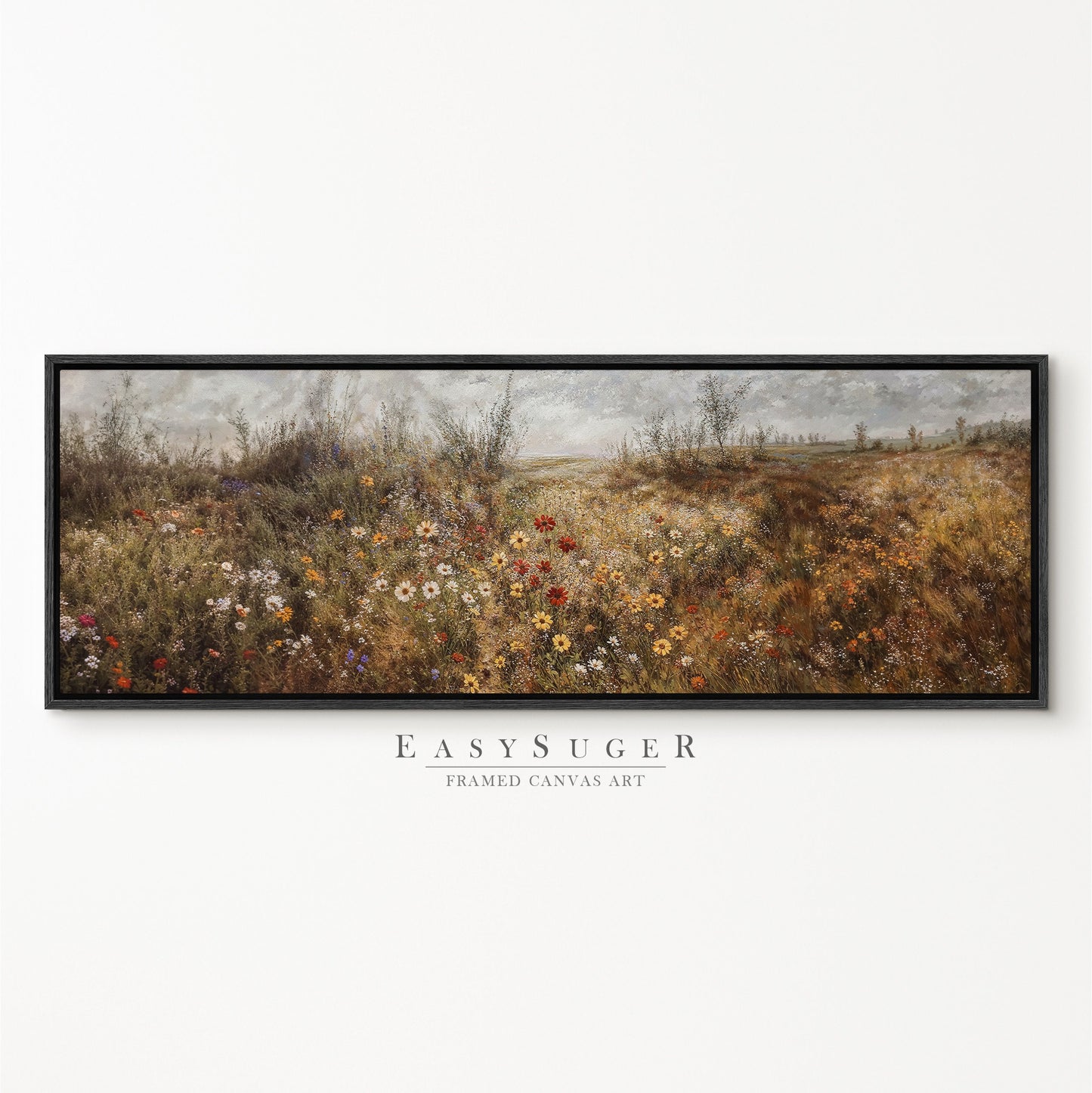 EasySuger Ultra Wide Vintage Wlidflower field Framed Canvas Print | with hanging kit