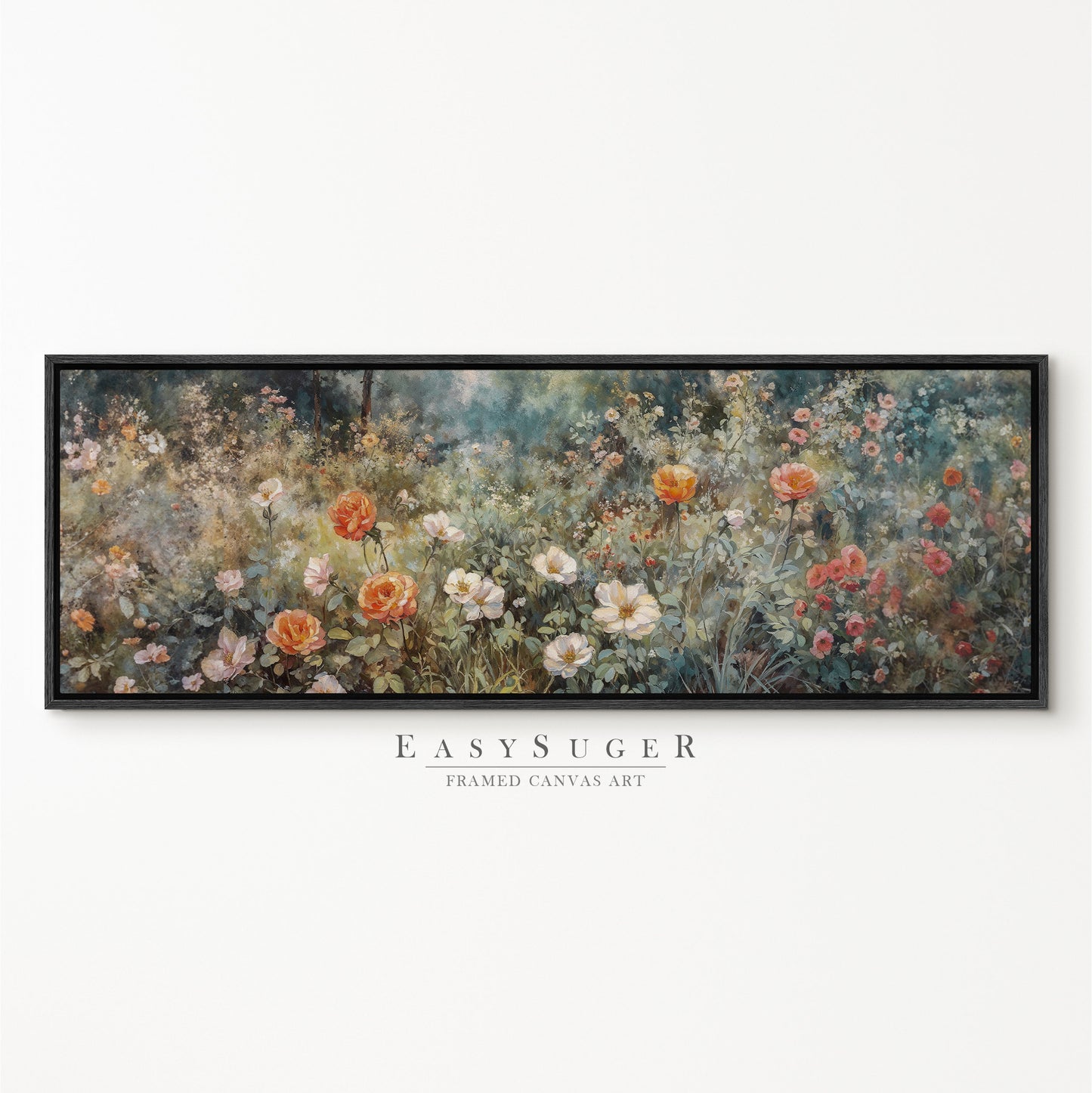 EasySuger Ultra Wide Vintage Wlidflower field Framed Canvas Print | with hanging kit | UWF8