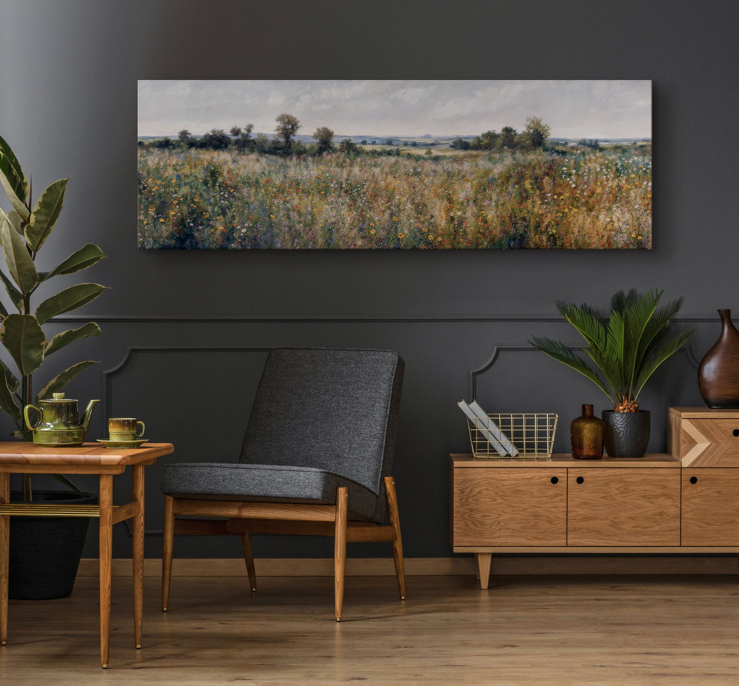 EasySuger Ultra Wide Vintage Wlidflower field Framed Canvas Print | with hanging kit | UWF32