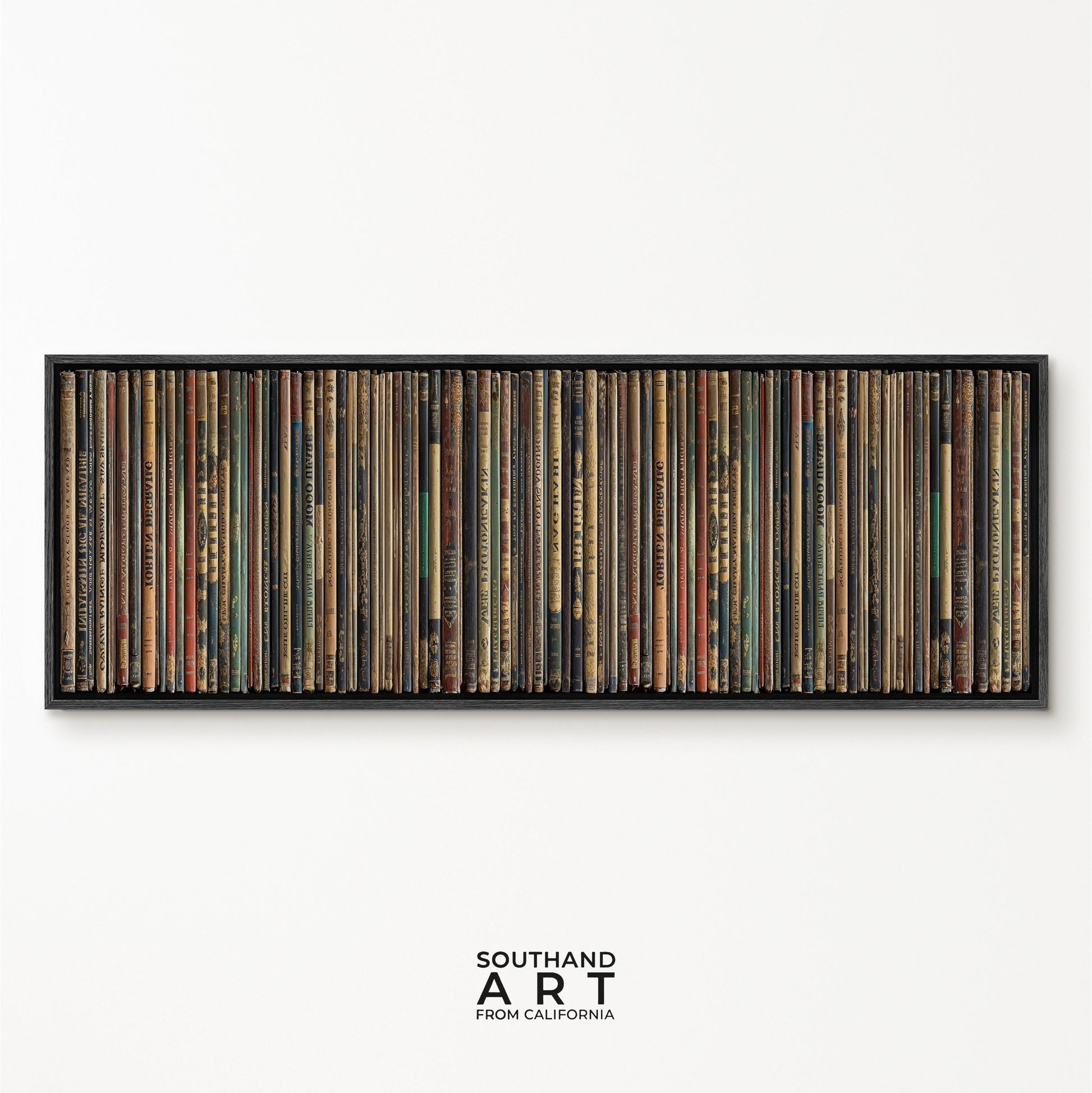 SouthandArt Ultra Wide Retro Books spines Wall art | Panoramic Framed Canvas Vintage Art Print | RS3