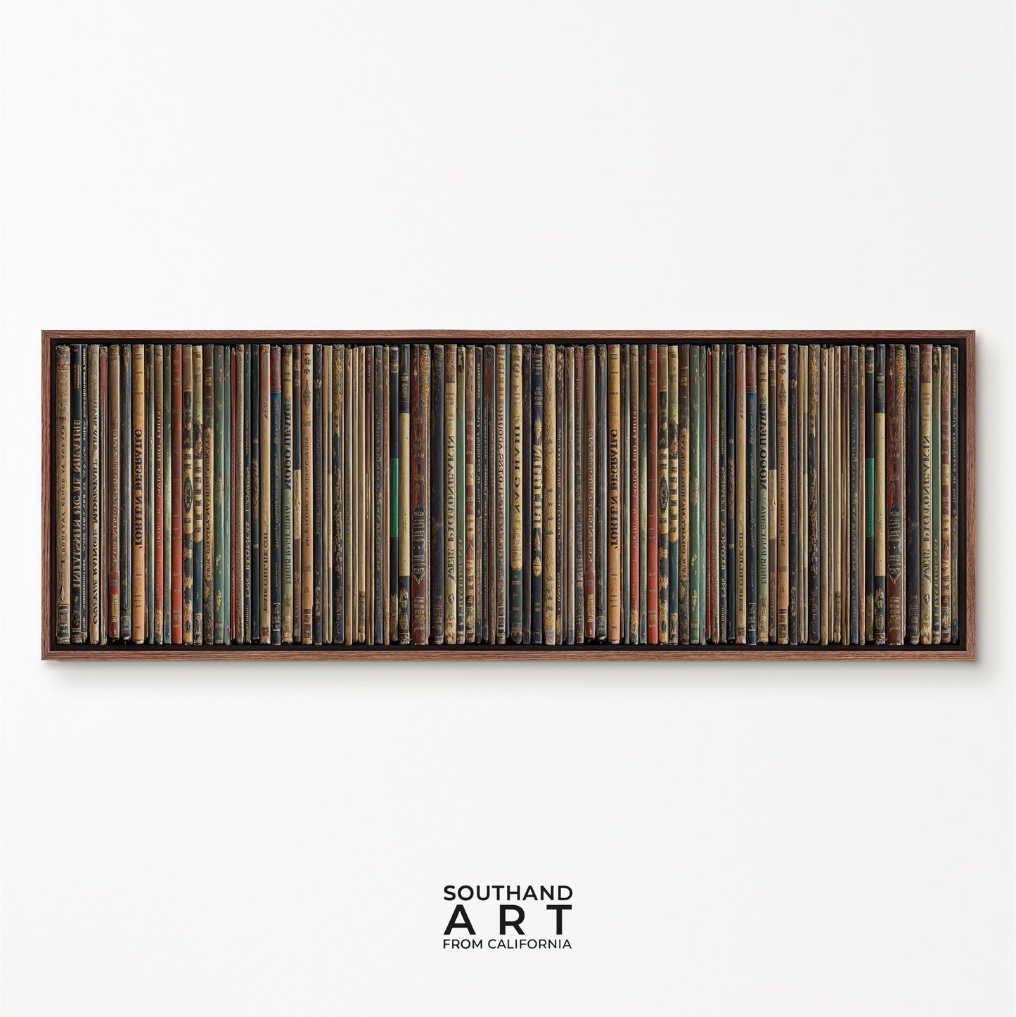 SouthandArt Ultra Wide Retro Books spines Wall art | Panoramic Framed Canvas Vintage Art Print | RS3