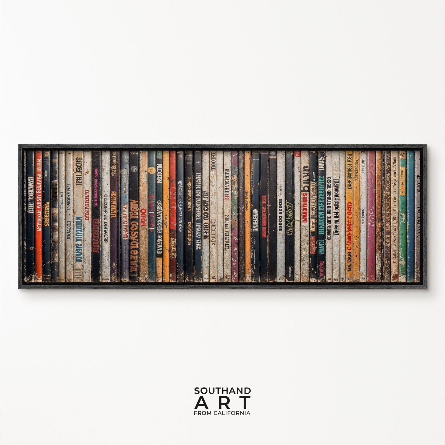 SouthandArt Ultra Wide Retro Books spines Wall art | Panoramic Framed Canvas Vintage Art Print | GW22