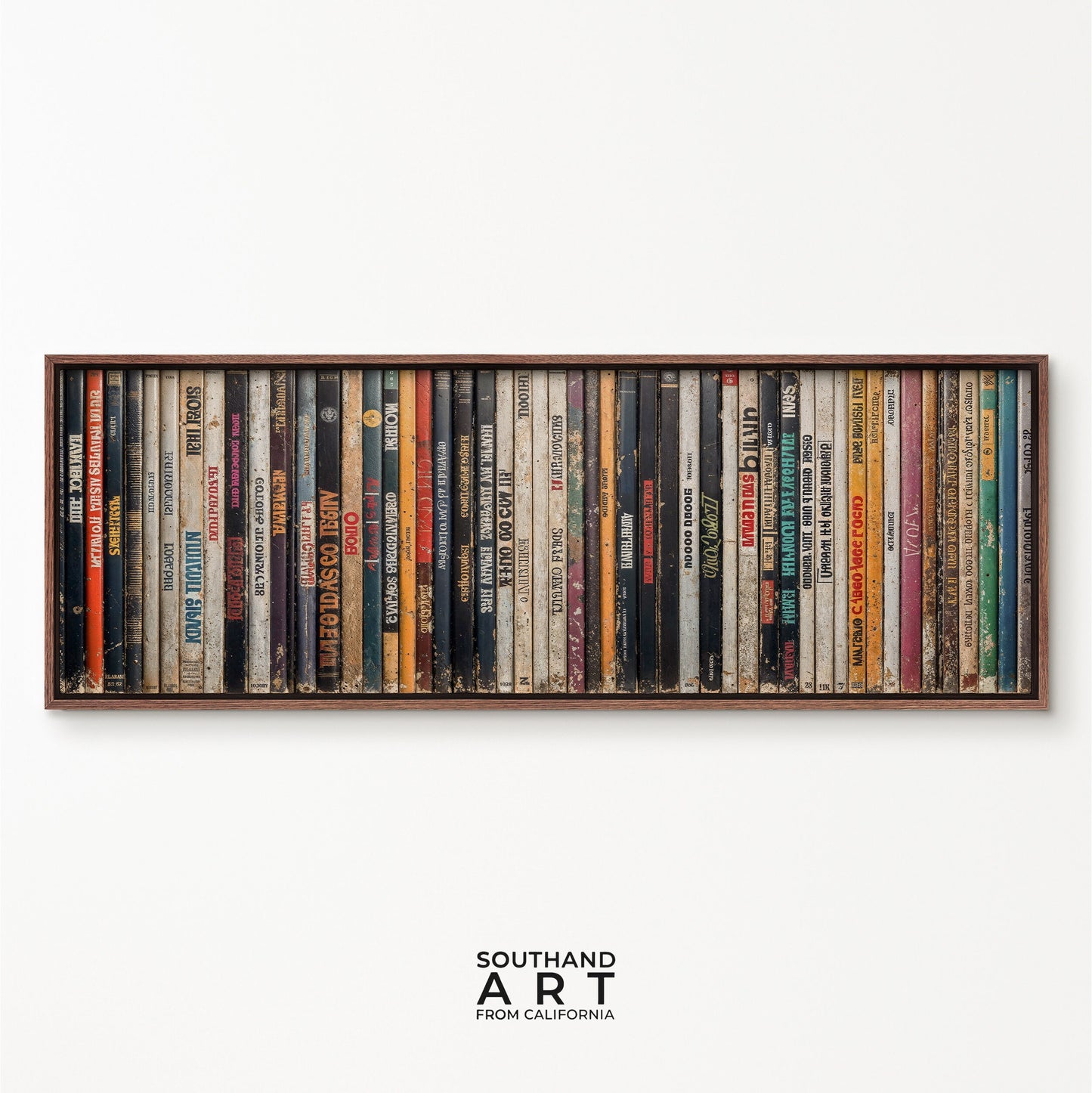 SouthandArt Ultra Wide Retro Books spines Wall art | Panoramic Framed Canvas Vintage Art Print | GW22