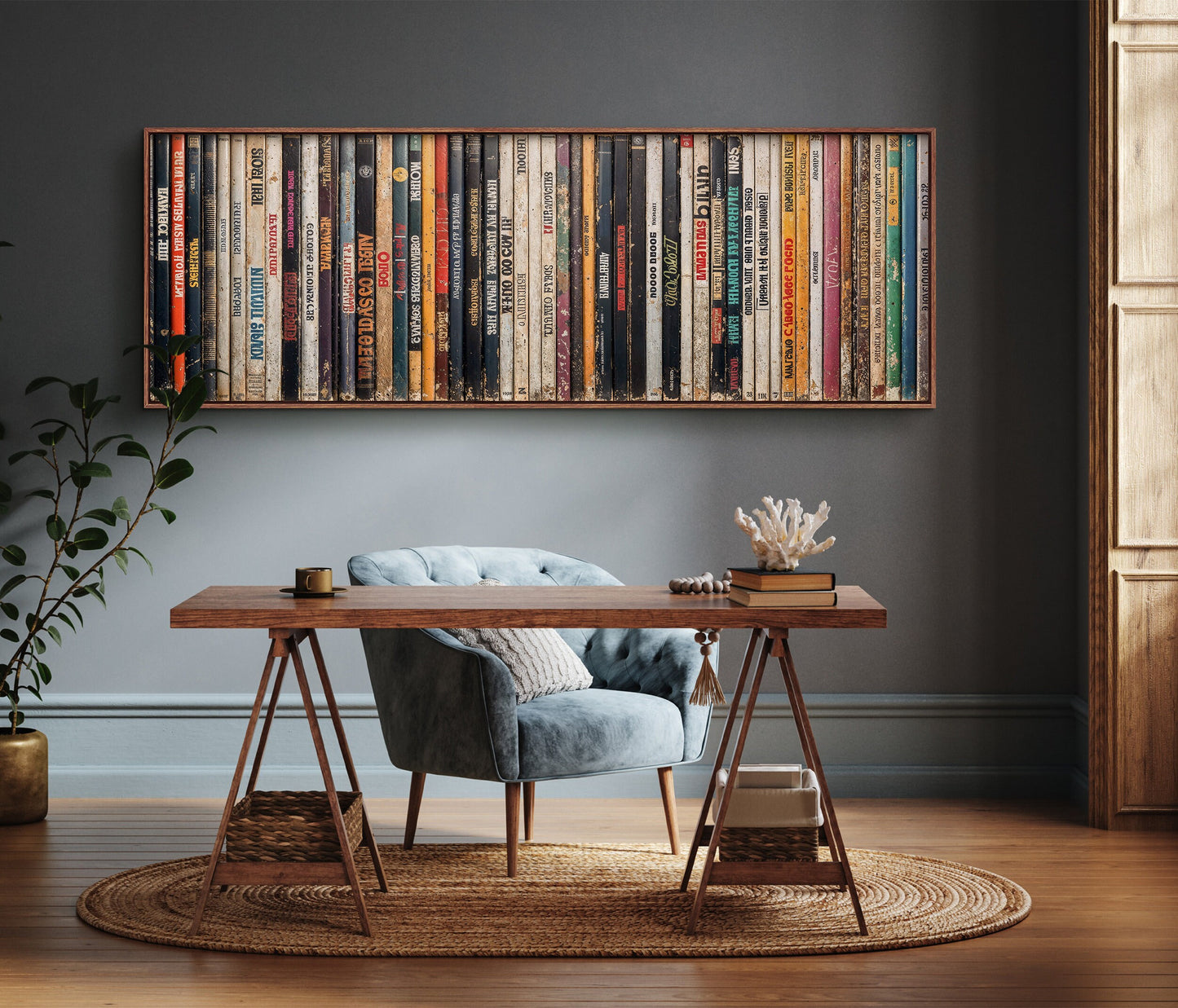 SouthandArt Ultra Wide Retro Books spines Wall art | Panoramic Framed Canvas Vintage Art Print | GW22