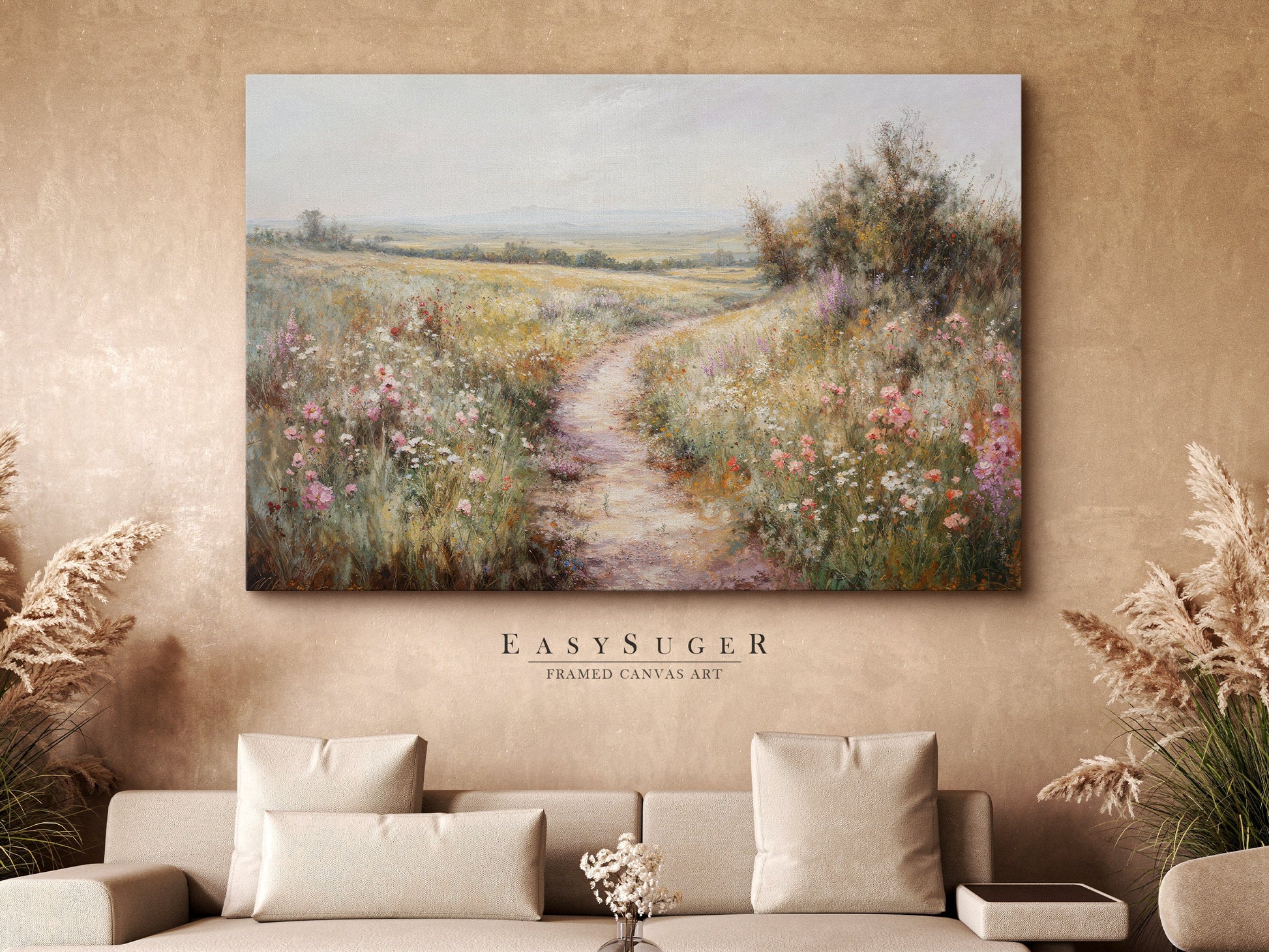 EasySuger Wildflower Field Wall Art Print, Nature Framed Large Gallery Art, Minimalist Art with hanging kit