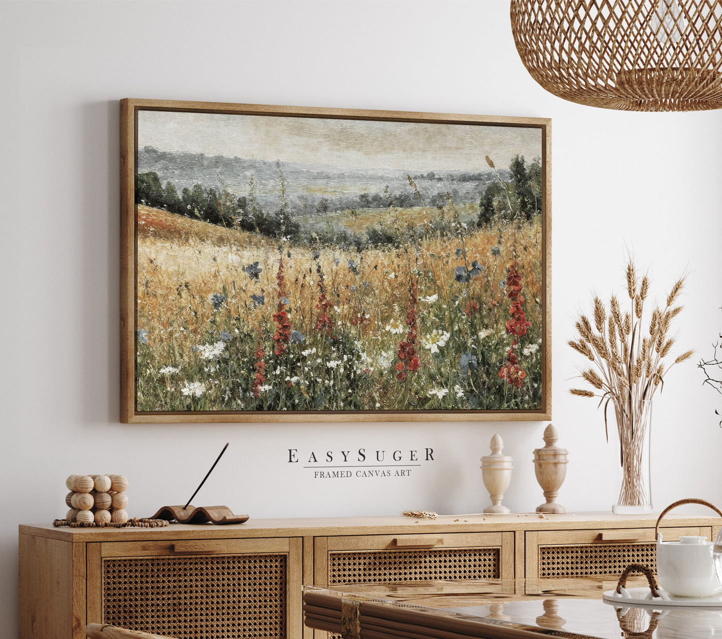 EasySuger Wildflower Field Wall Art Print, Nature Framed Large Gallery Art, Minimalist Art with hanging kit | WFG5