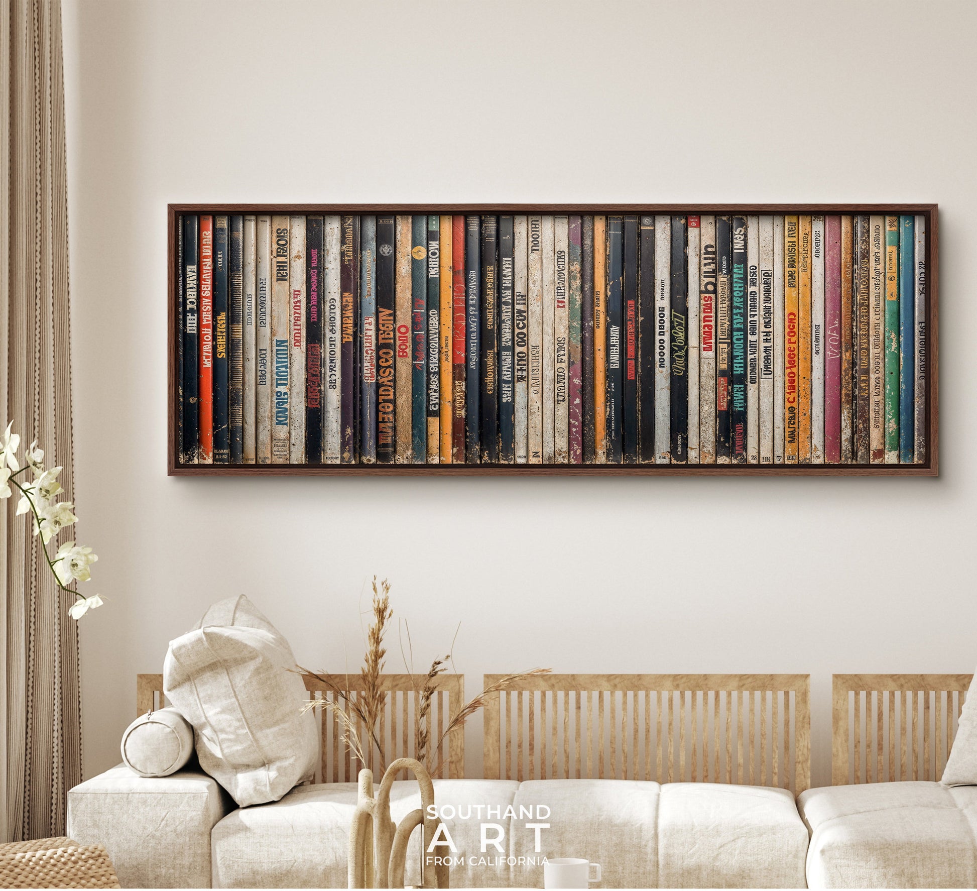 SouthandArt Ultra Wide Retro Books spines Wall art | Panoramic Framed Canvas Vintage Art Print | GW22