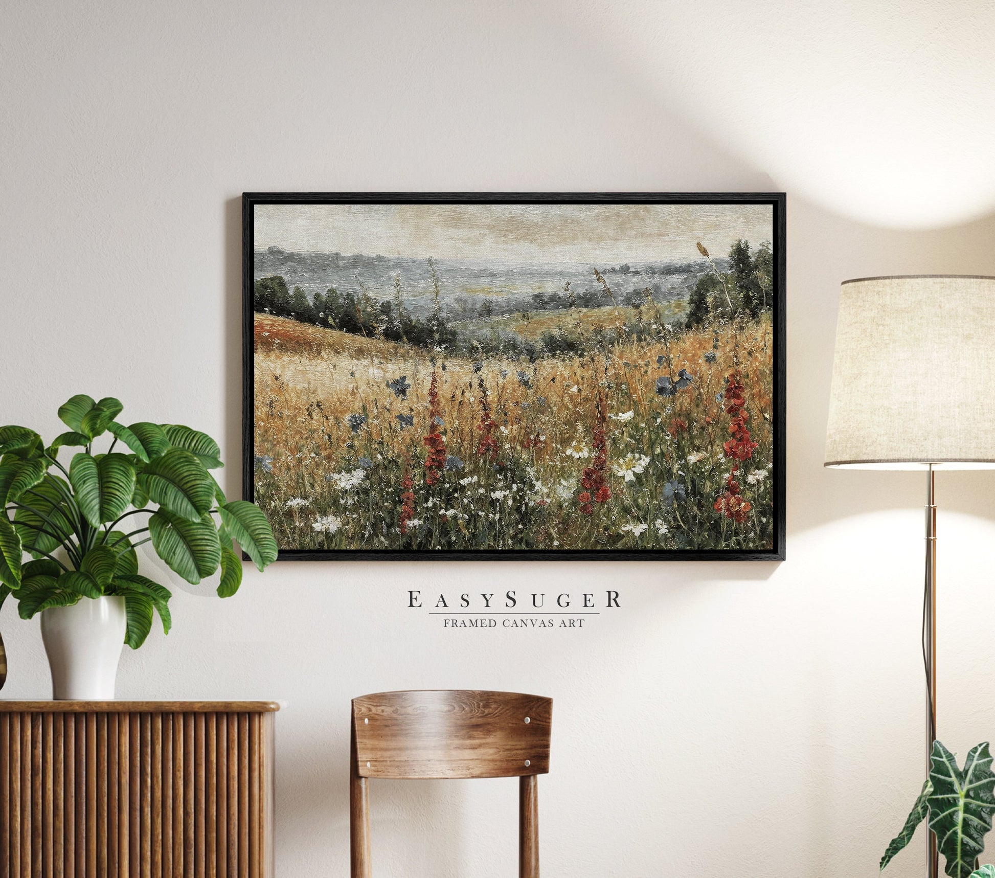 EasySuger Wildflower Field Wall Art Print, Nature Framed Large Gallery Art, Minimalist Art with hanging kit | WFG5