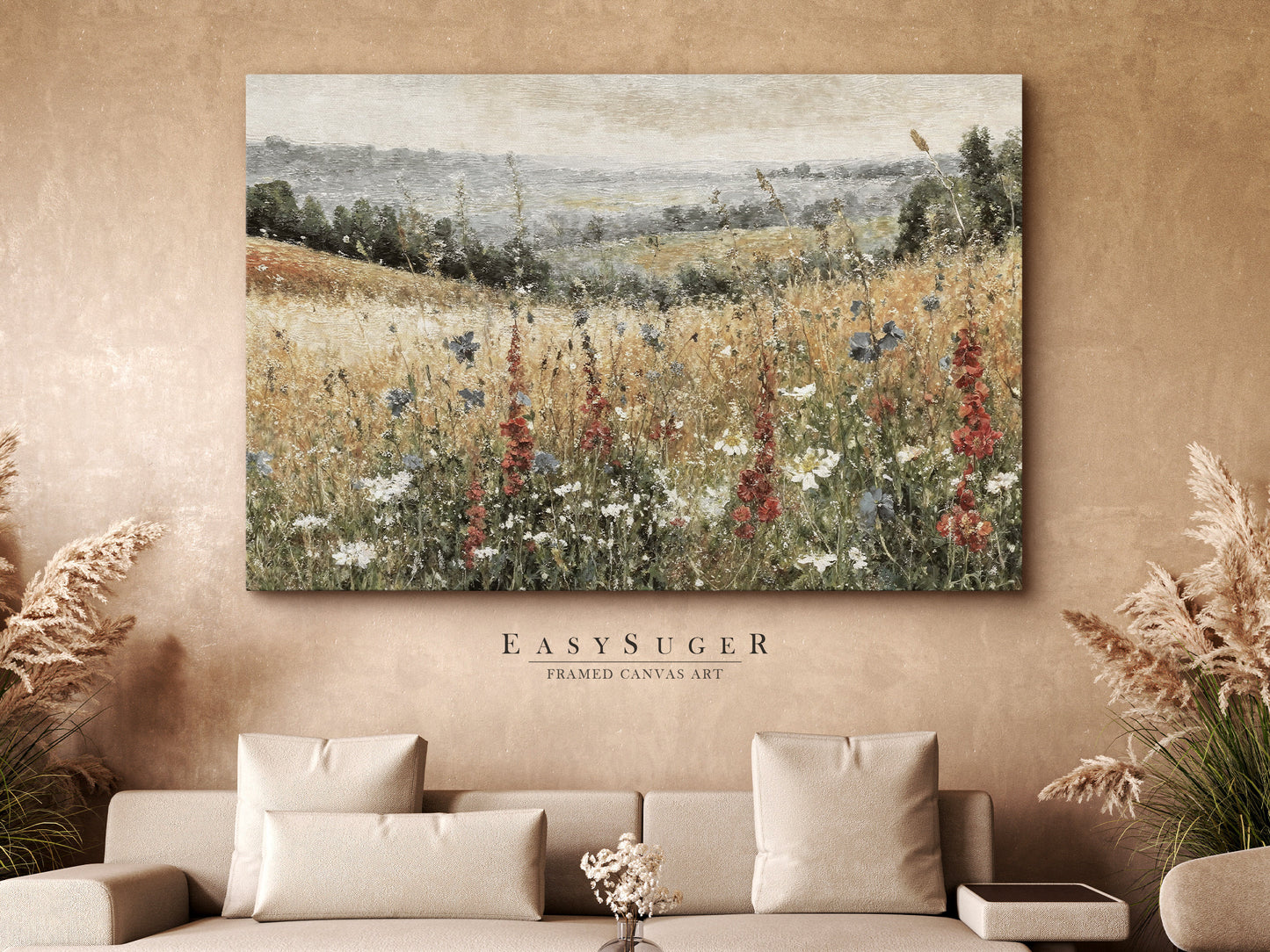 EasySuger Wildflower Field Wall Art Print, Nature Framed Large Gallery Art, Minimalist Art with hanging kit | WFG5