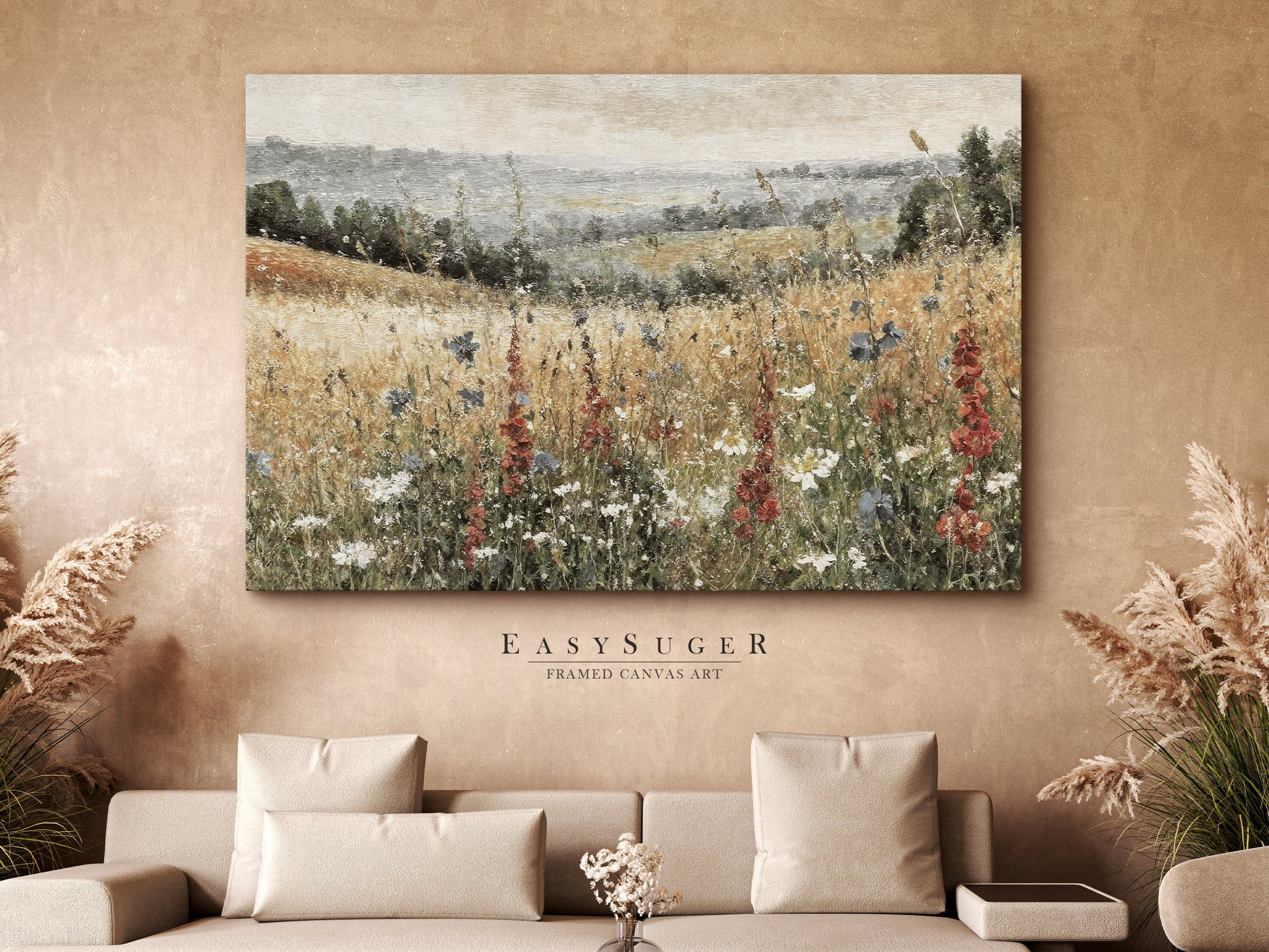 EasySuger Wildflower Field Wall Art Print, Nature Framed Large Gallery Art, Minimalist Art with hanging kit | WFG5