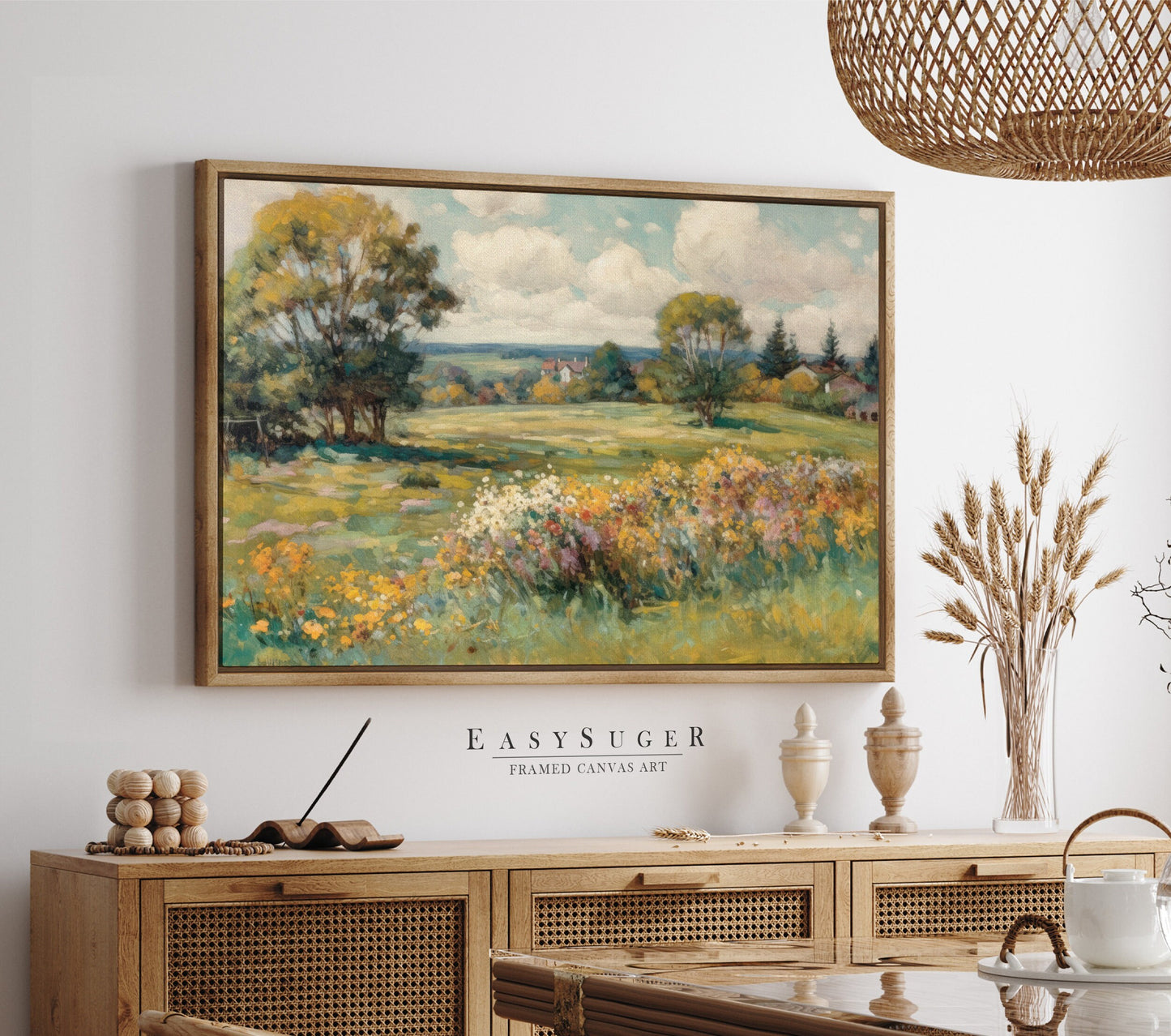 EasySuger Wildflower Field Landscape Oil Painting Framed Canvas Print | with hanging kit | GW24