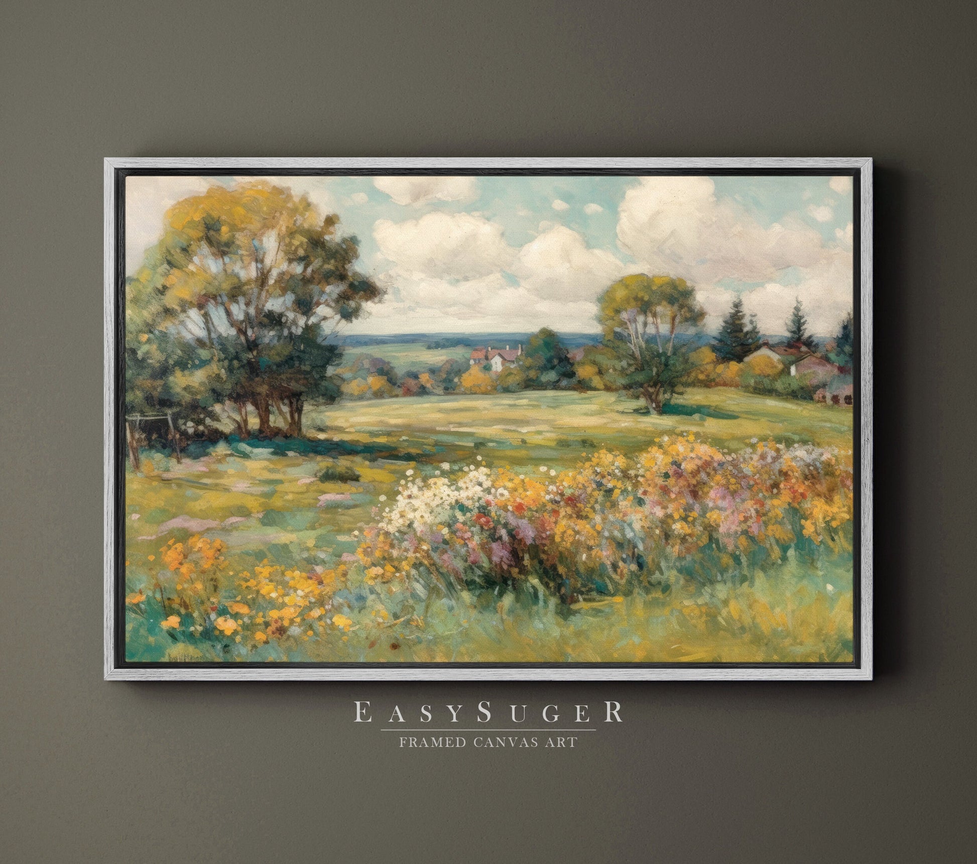 EasySuger Wildflower Field Landscape Oil Painting Framed Canvas Print | with hanging kit | GW24