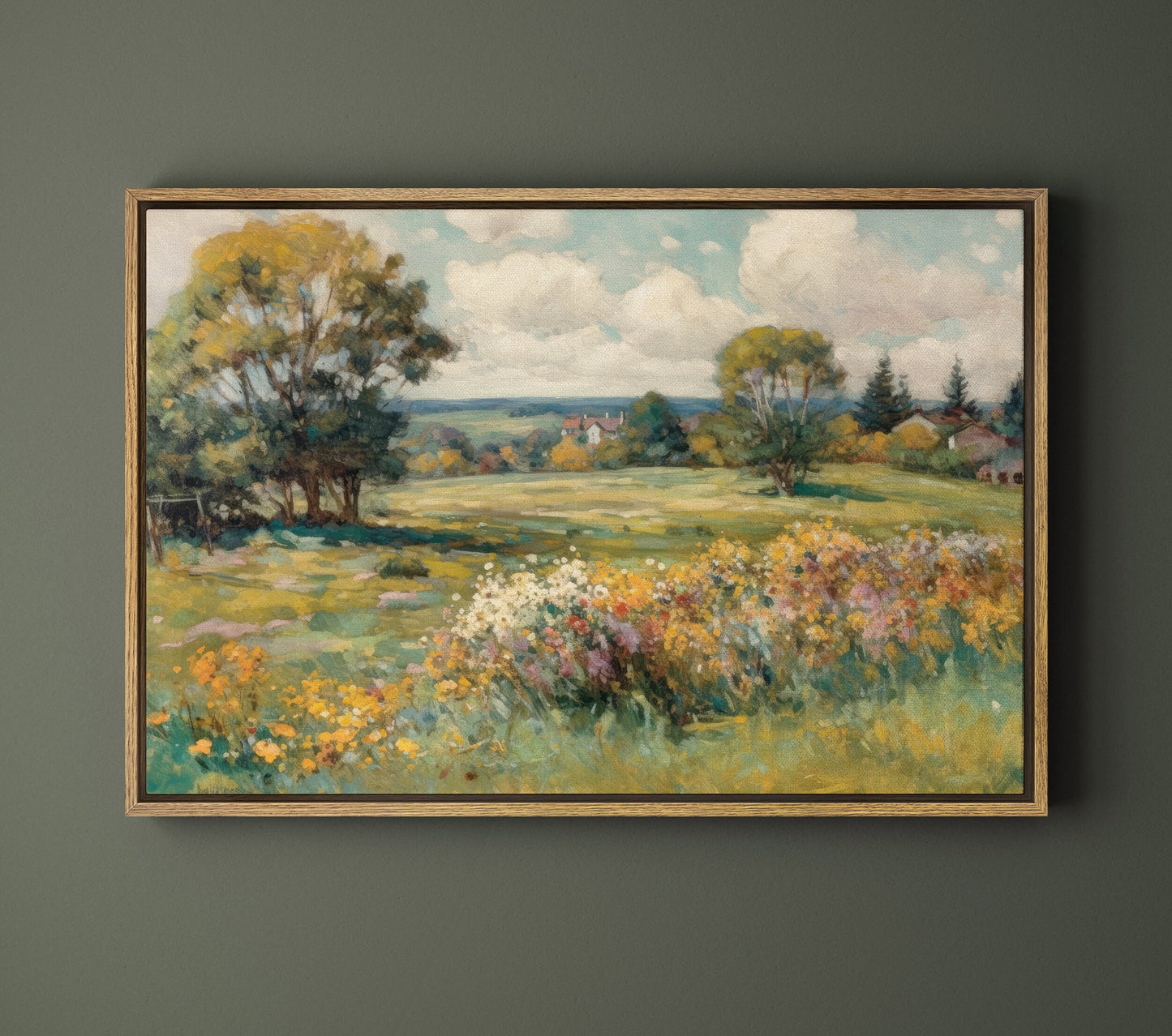 EasySuger Wildflower Field Landscape Oil Painting Framed Canvas Print | with hanging kit | GW24