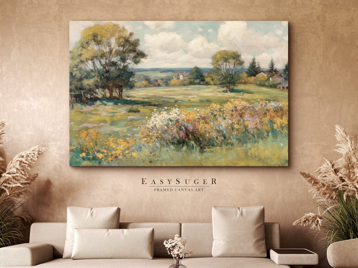 EasySuger Wildflower Field Landscape Oil Painting Framed Canvas Print | with hanging kit | GW24