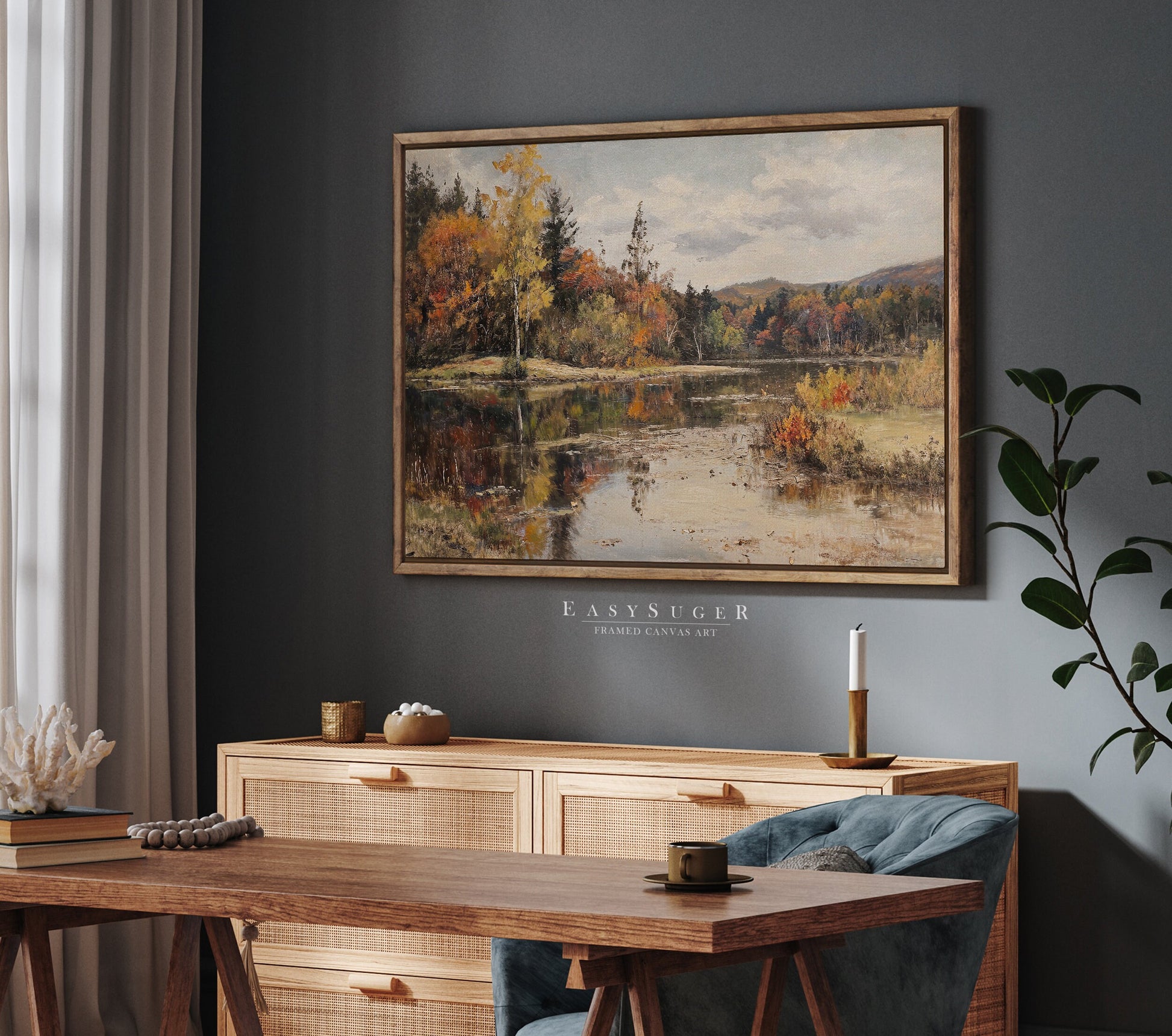 EasySuger Autumn by the River Framed Canvas Art, Nature Framed Large Gallery Art, Minimalist Art with hanging kit | GW25