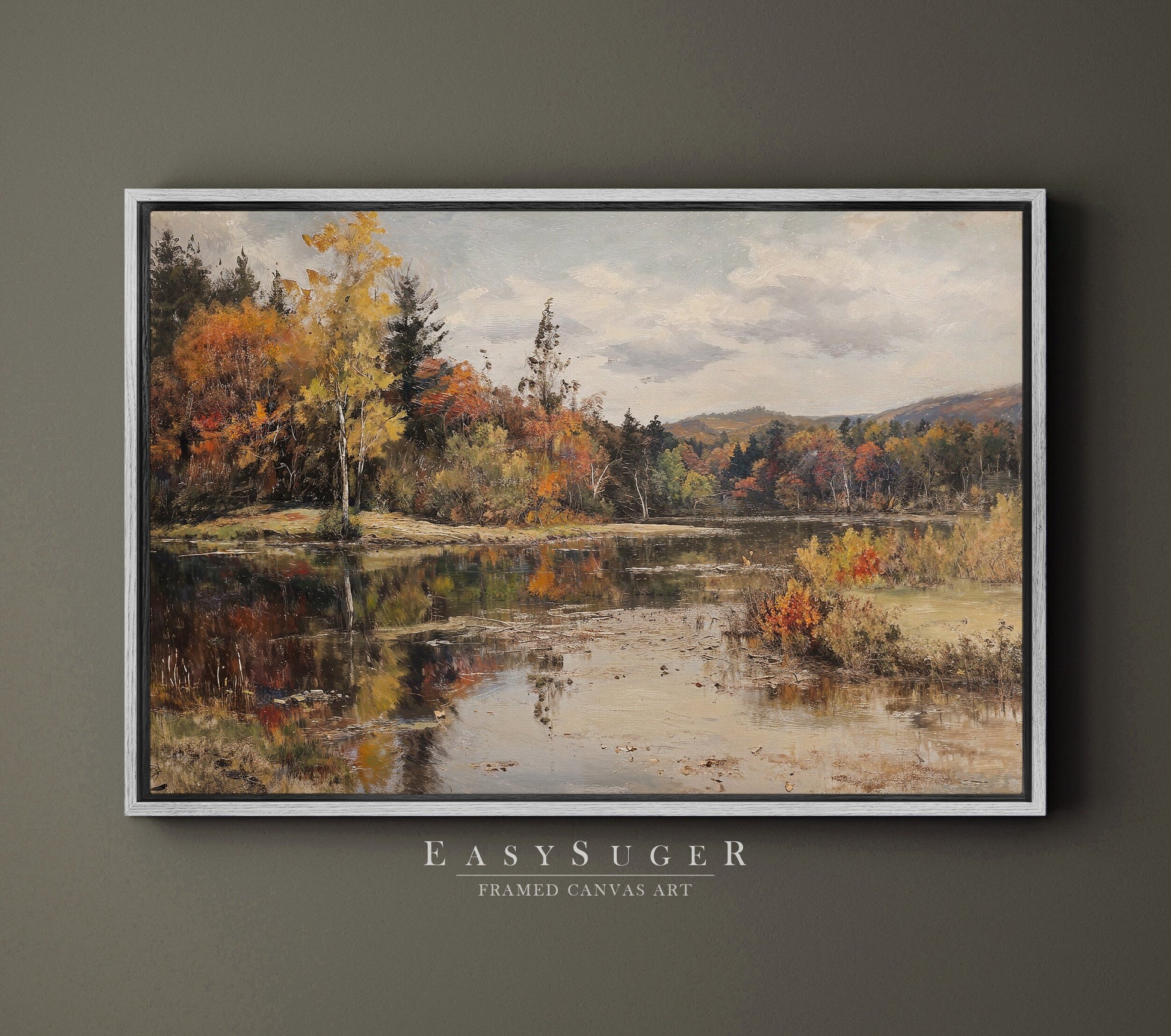 EasySuger Autumn by the River Framed Canvas Art, Nature Framed Large Gallery Art, Minimalist Art with hanging kit | GW25