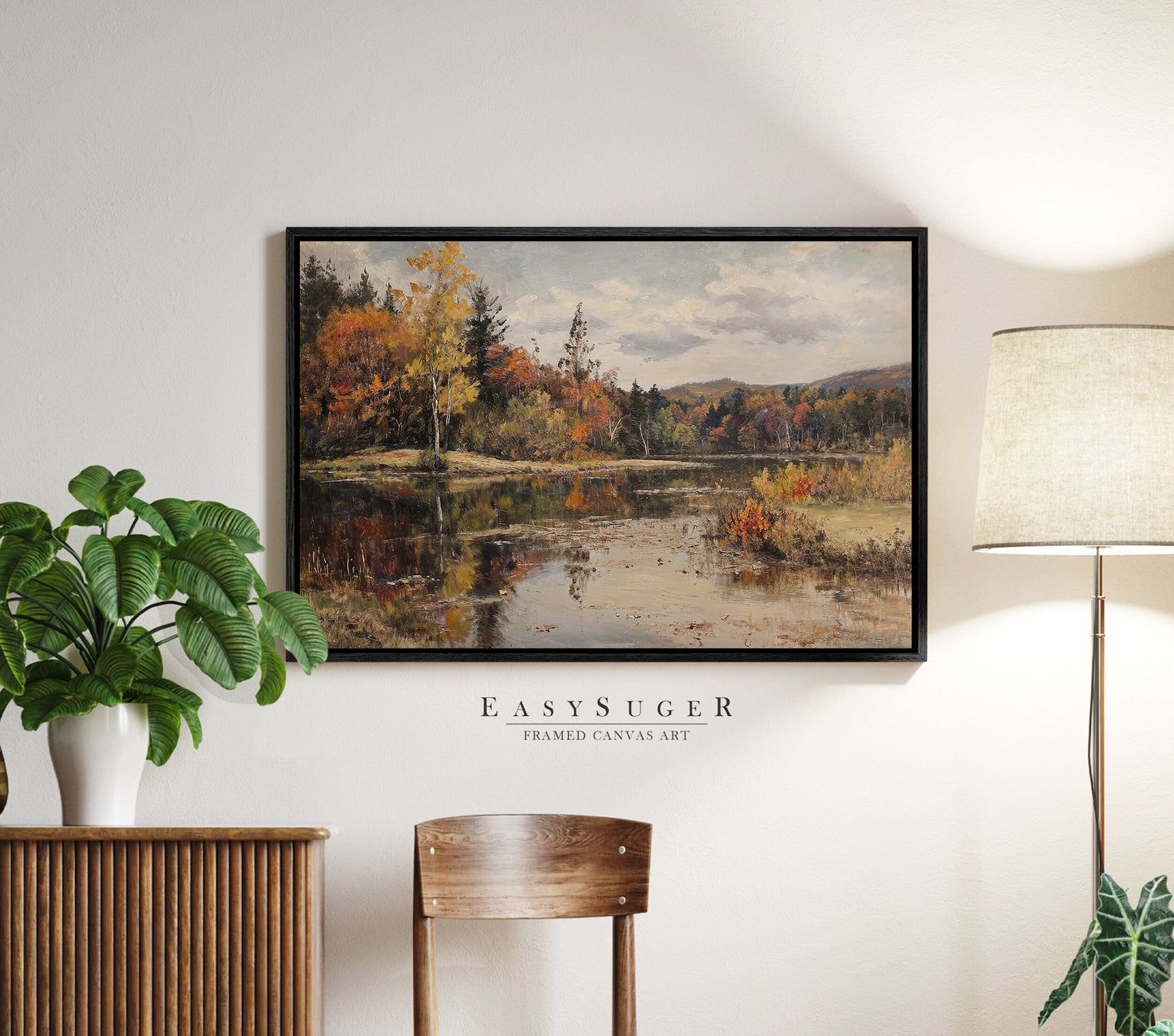 EasySuger Autumn by the River Framed Canvas Art, Nature Framed Large Gallery Art, Minimalist Art with hanging kit | GW25